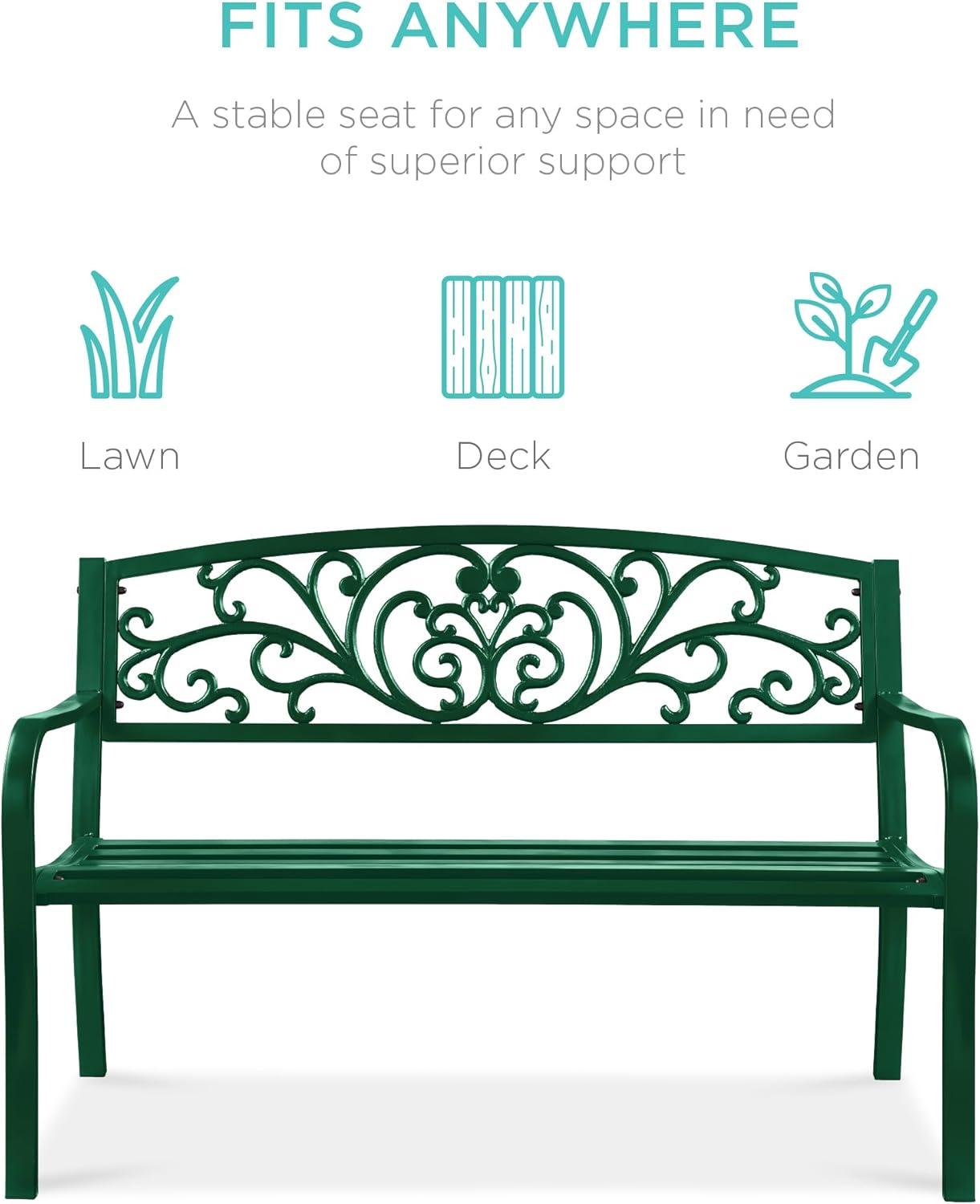 World Menagerie Outdoor Steel Bench with Floral Backrest & Slatted Seat, Marigold for Garden, Patio, Porch, Lawn, and Deck