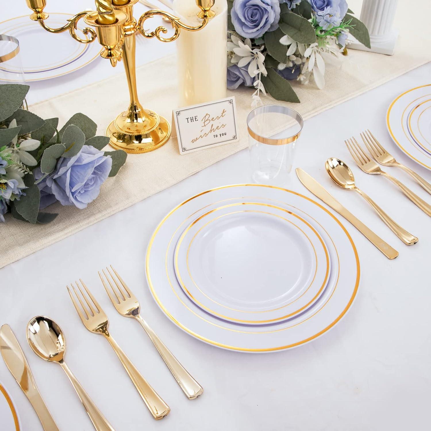 WELLIFE 150 Pcs Gold Plastic Plates, Plastic Dinnerware Set Includes: 25 Dinner plates 10.25", 25 Dessert plates 7.5", 25 gold Cups 9OZ and 25 gold Cutlery for Party