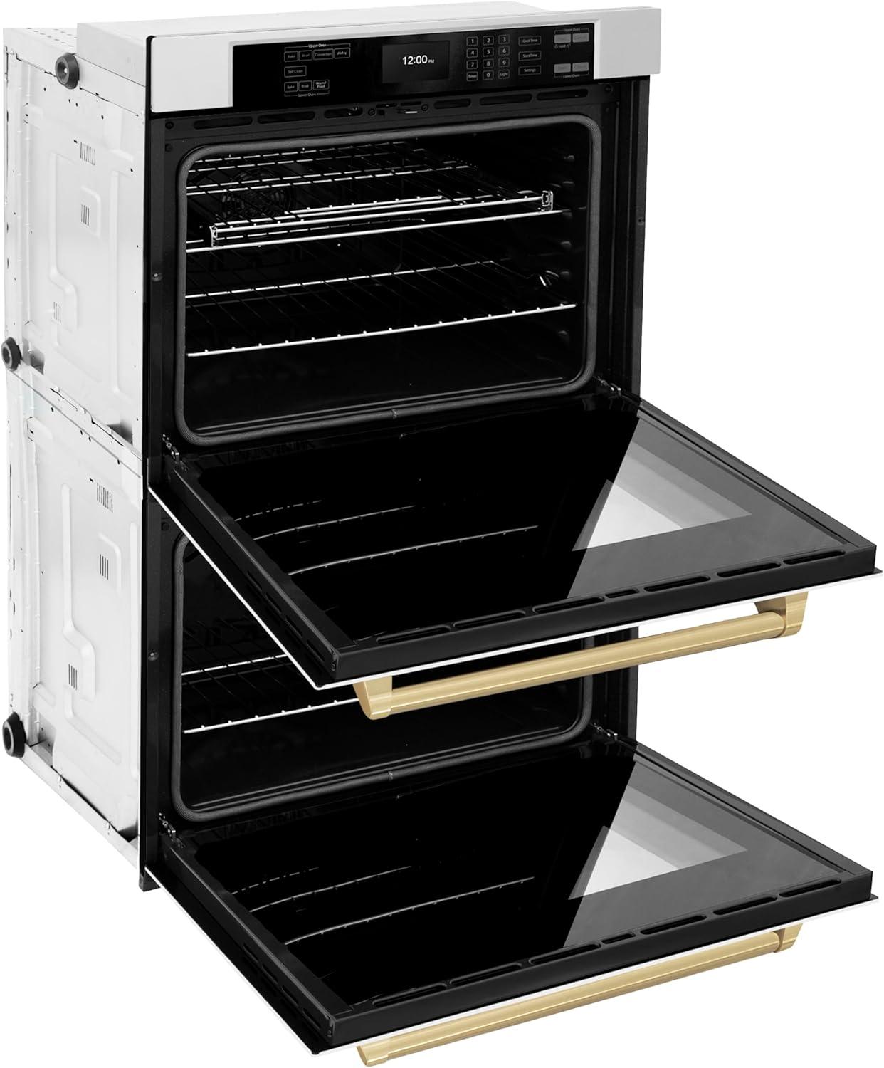 ZLINE 30 in. Autograph Edition Professional True Convection Double Wall Oven with Air Fry and Self Clean in Stainless Steel with White Matte Doors and Champagne Bronze Handles (WADZ-WM-30-CB)