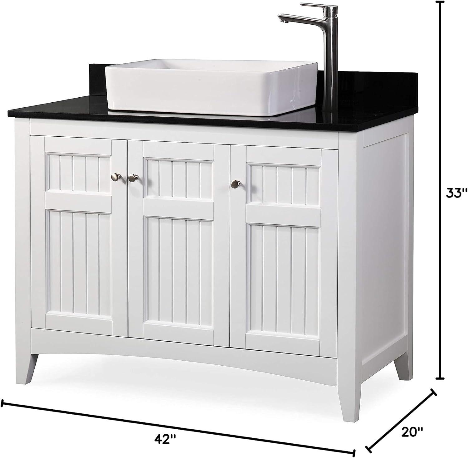 Benton Collection 42" Triadsville White Vanity with Black Granite Top, Vessel Style Bathroom Sink, Soft-Closing Doors, Full Extension Drawer, Brushed Nickel Hardware