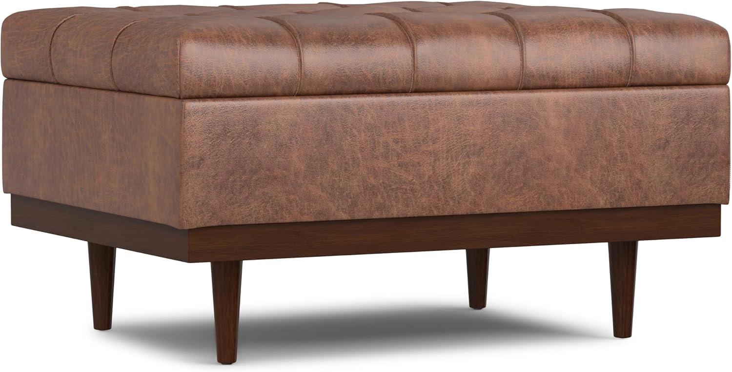 Simpli Home Mariah 34 inch Wide Contemporary Rectangle Coffee Table Storage Ottoman in Distressed Saddle Brown Vegan Faux Leather