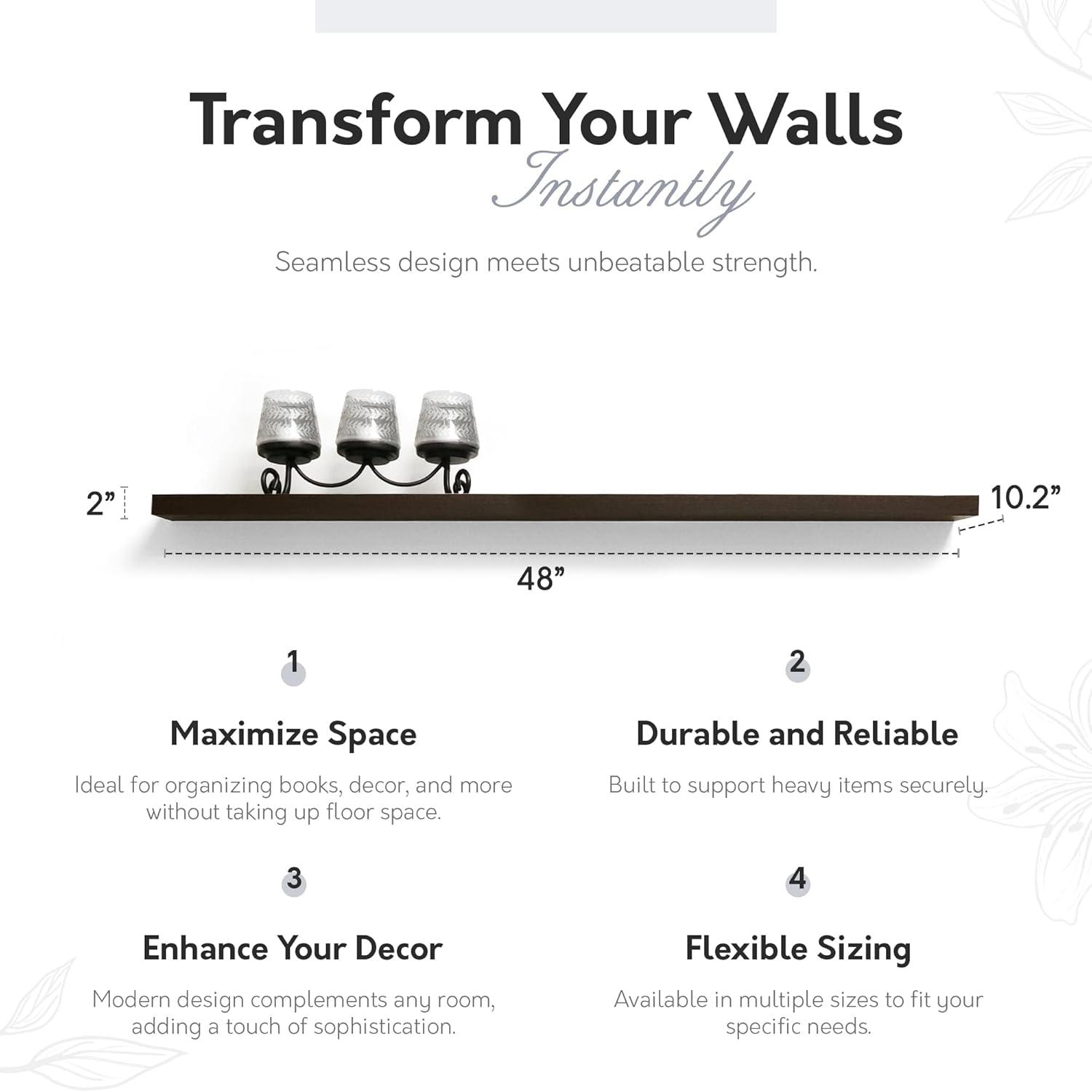 InPlace 48" Floating Shelf Wall Mounted Hidden Brackets Espresso: Modern Wood Composite, 17 lbs Capacity