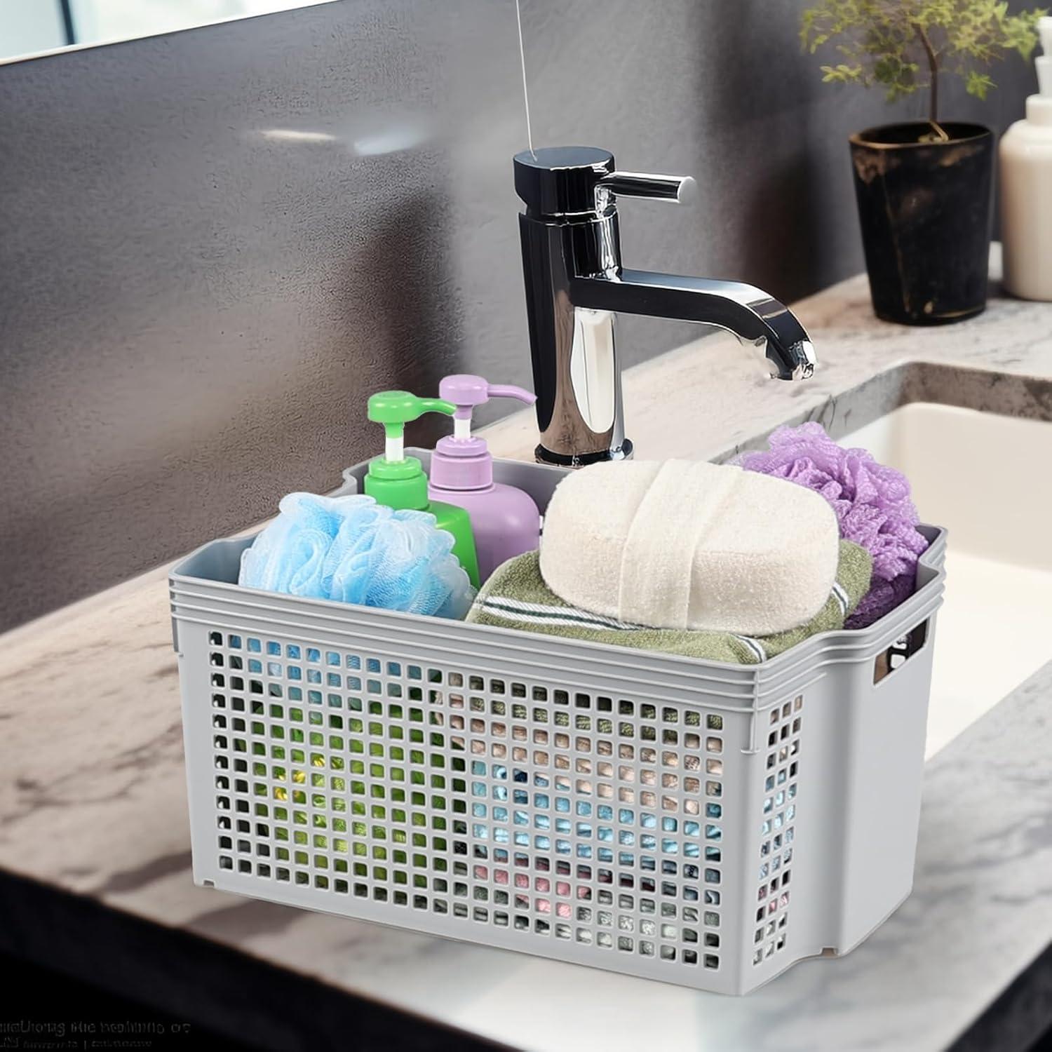 Gray Rectangular Stacking Plastic Storage Baskets, 13 Quart Capacity, Set of 6