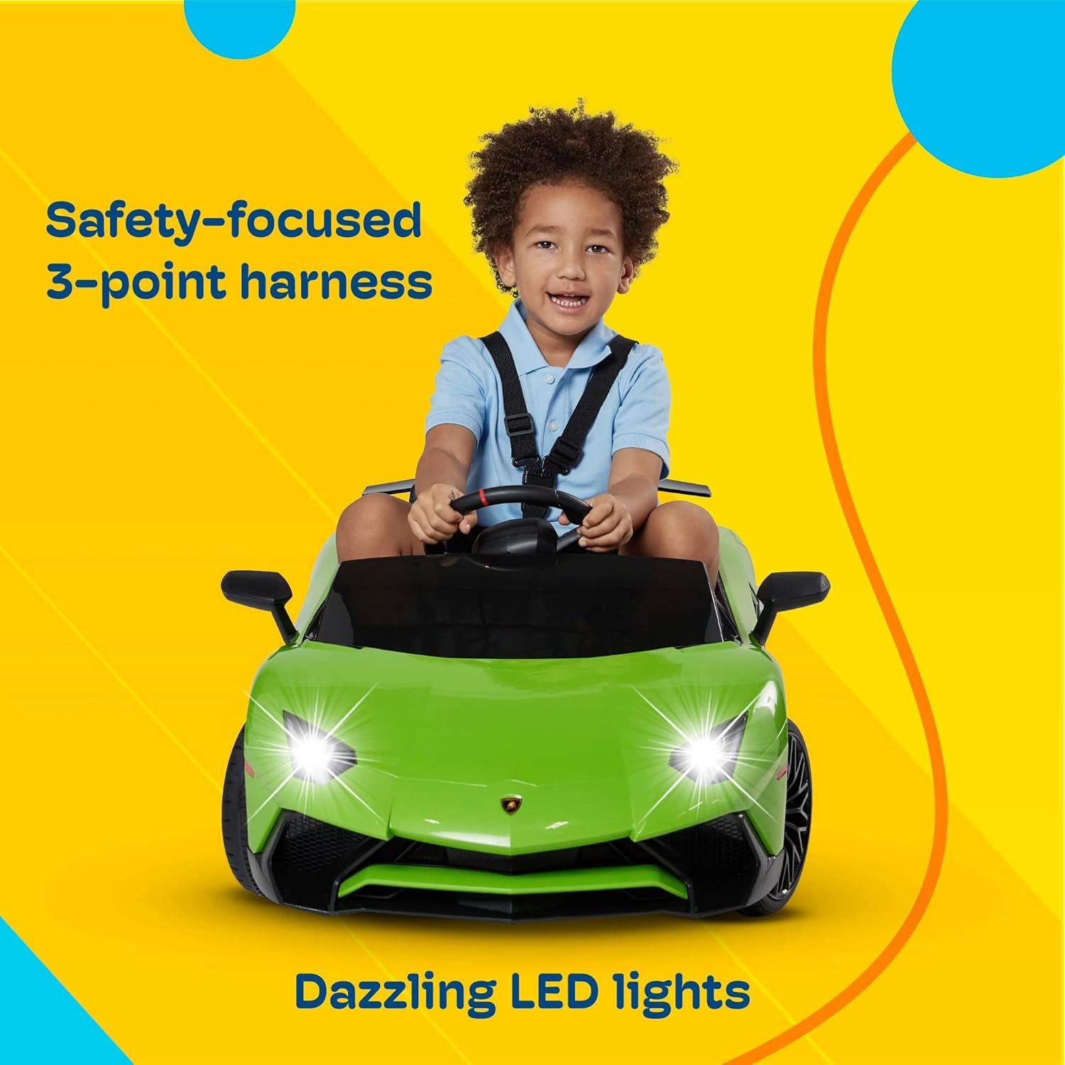 Kidzone Kids Electric Ride On 12V Licensed Lamborghini Aventador SV Battery Powered Sports Car Toy W/ 2 Speeds, Parent Control, Sound System, LED Headlights & Hydraulic Doors, Black