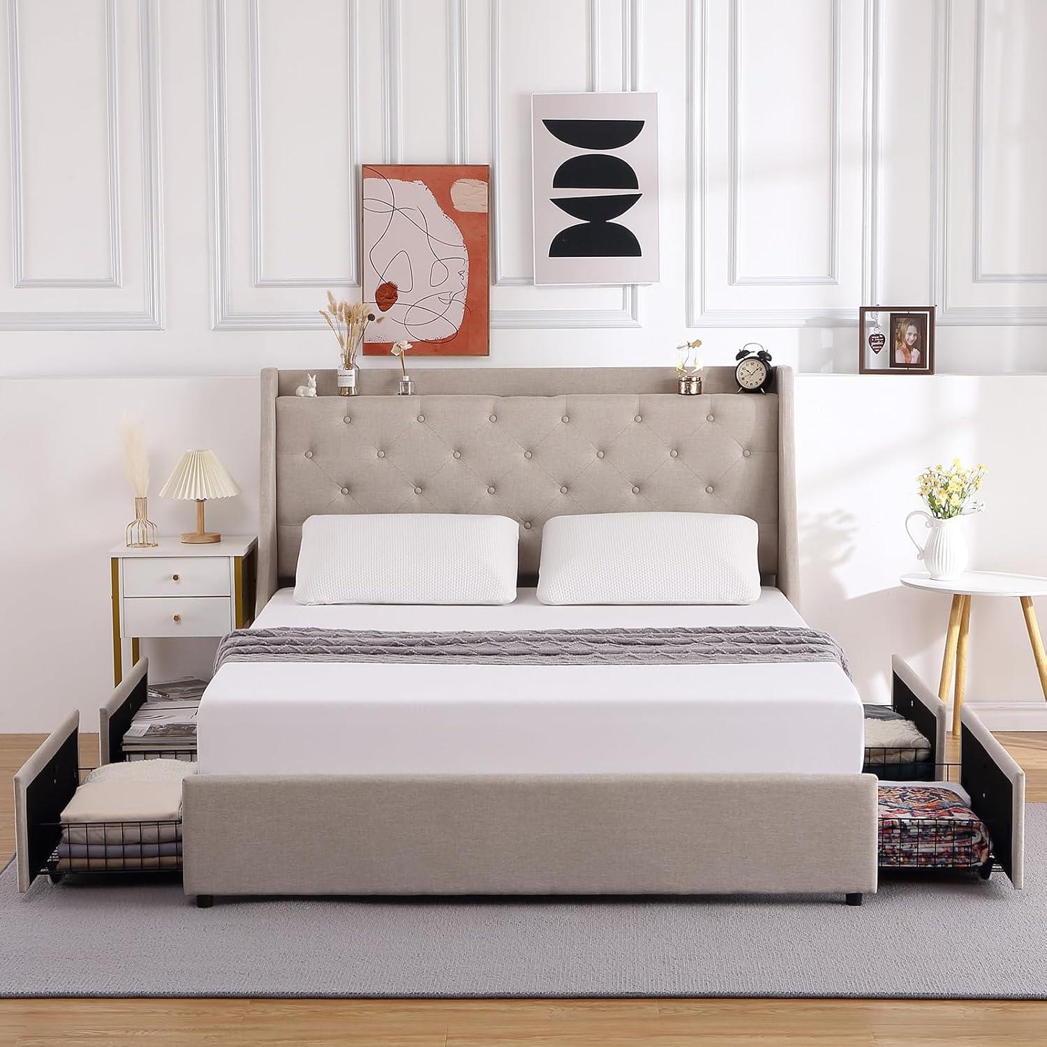 Huloretions Queen Bed Frame With Charging Station,Platform Bed With 4 Storage Drawers,Upholstered Wingback Headboard And Storage Shelf,No Box Spring Needed Easy Assembly