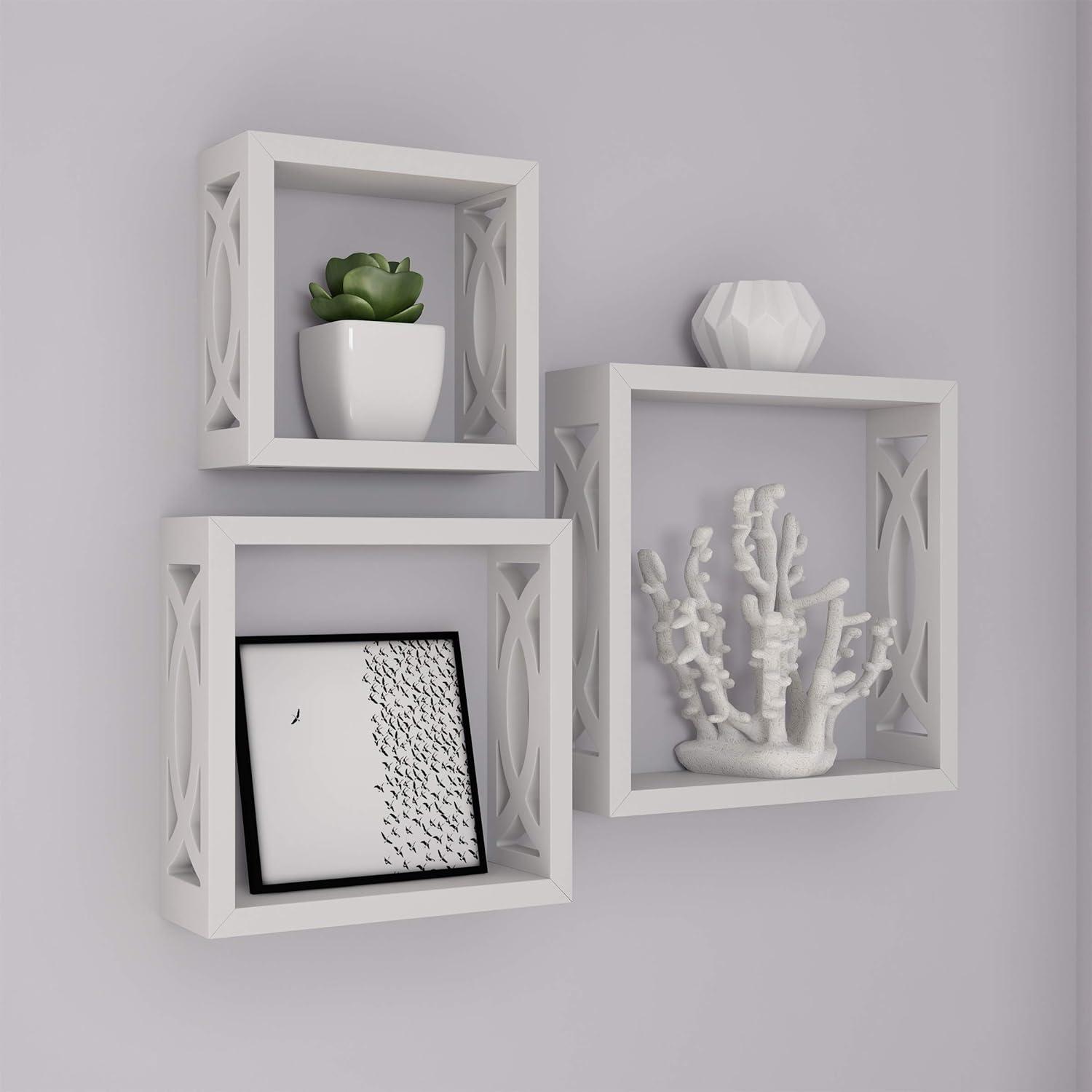 Elegant White Floating Cube Shelves with Hidden Brackets - Set of 3