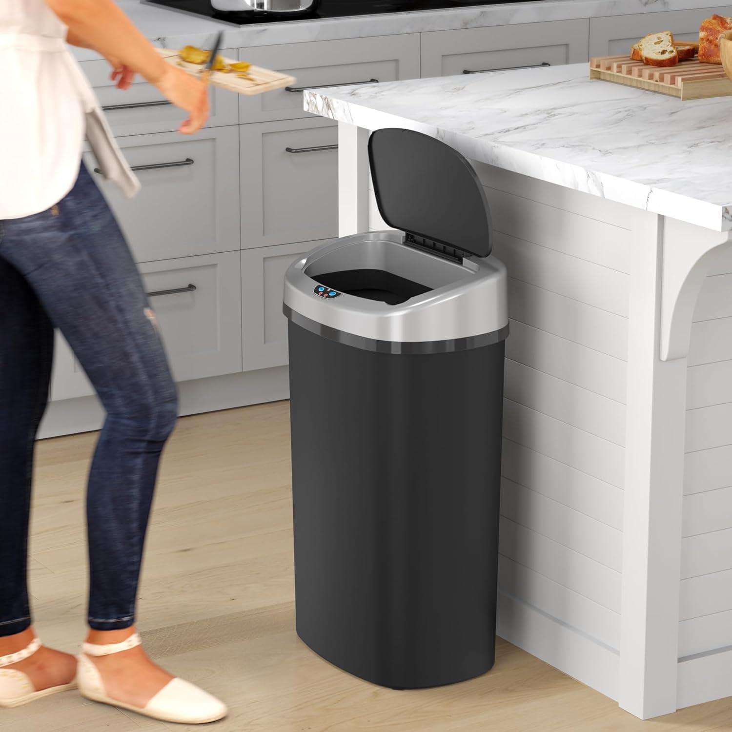 iTouchless 13 Gallon Black Plastic Oval Sensor Kitchen Trash Can with Lid and Odor Filter