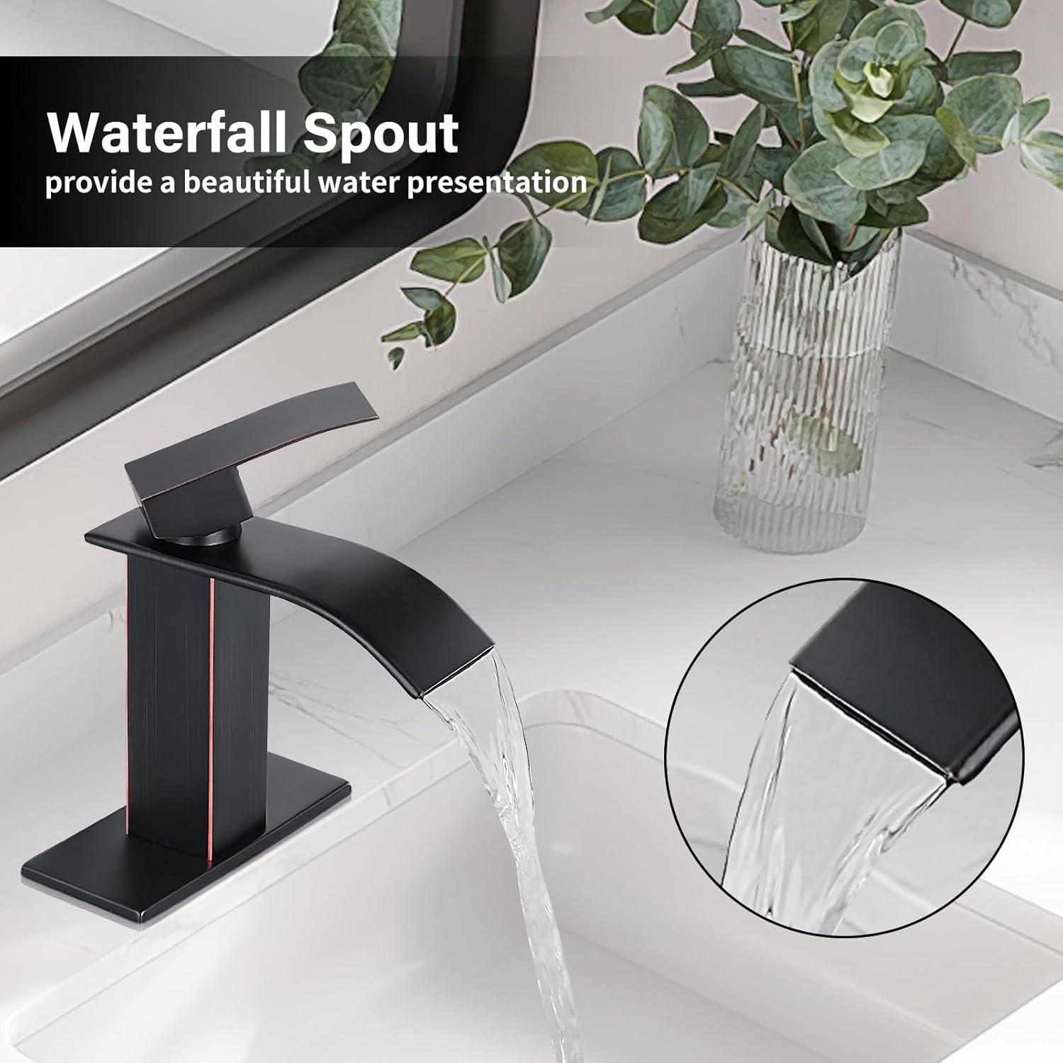 Oil Rubbed Bronze Waterfall Bathroom Faucet with Deckplate and Pop-Up Drain