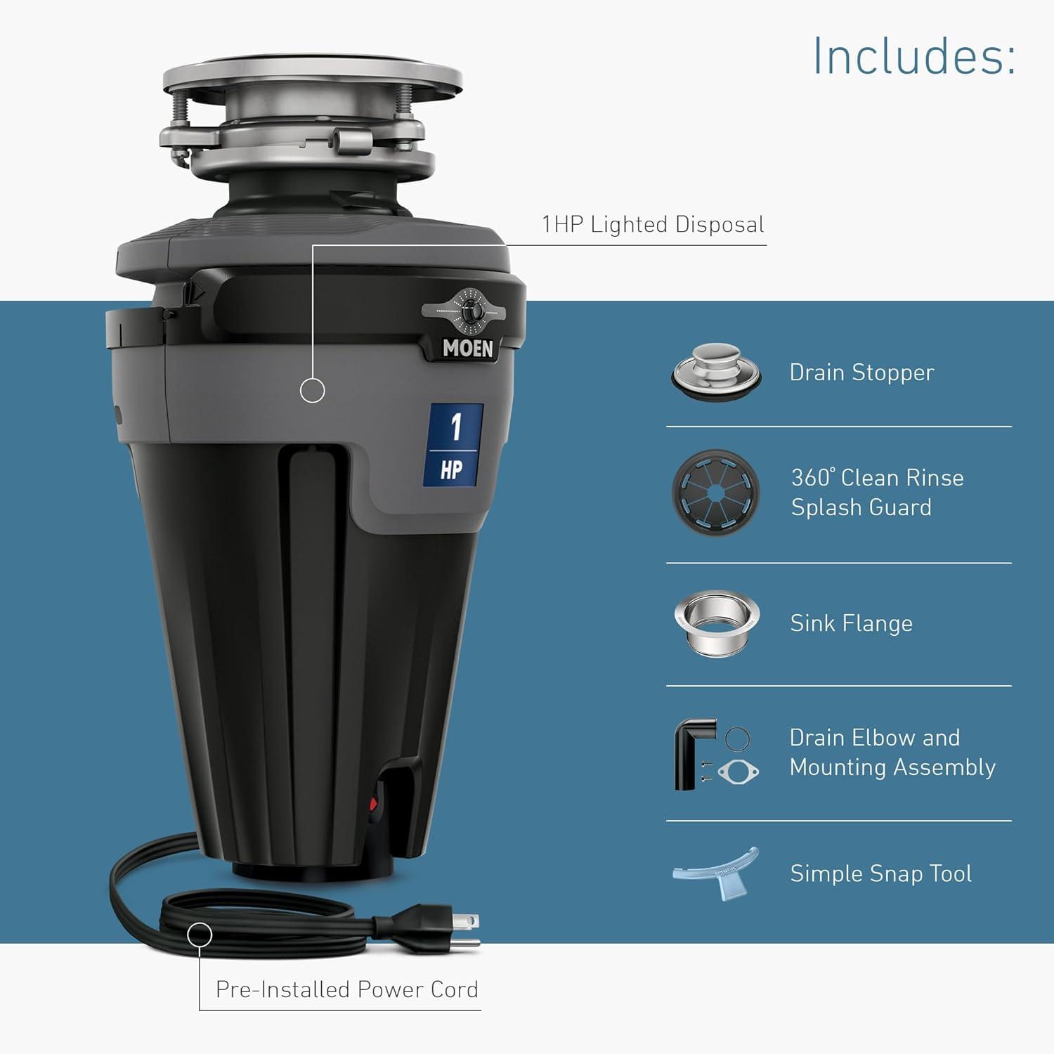 Moen Chef Series 1 HP Continuous Feed Garbage Disposal with LED Lighting