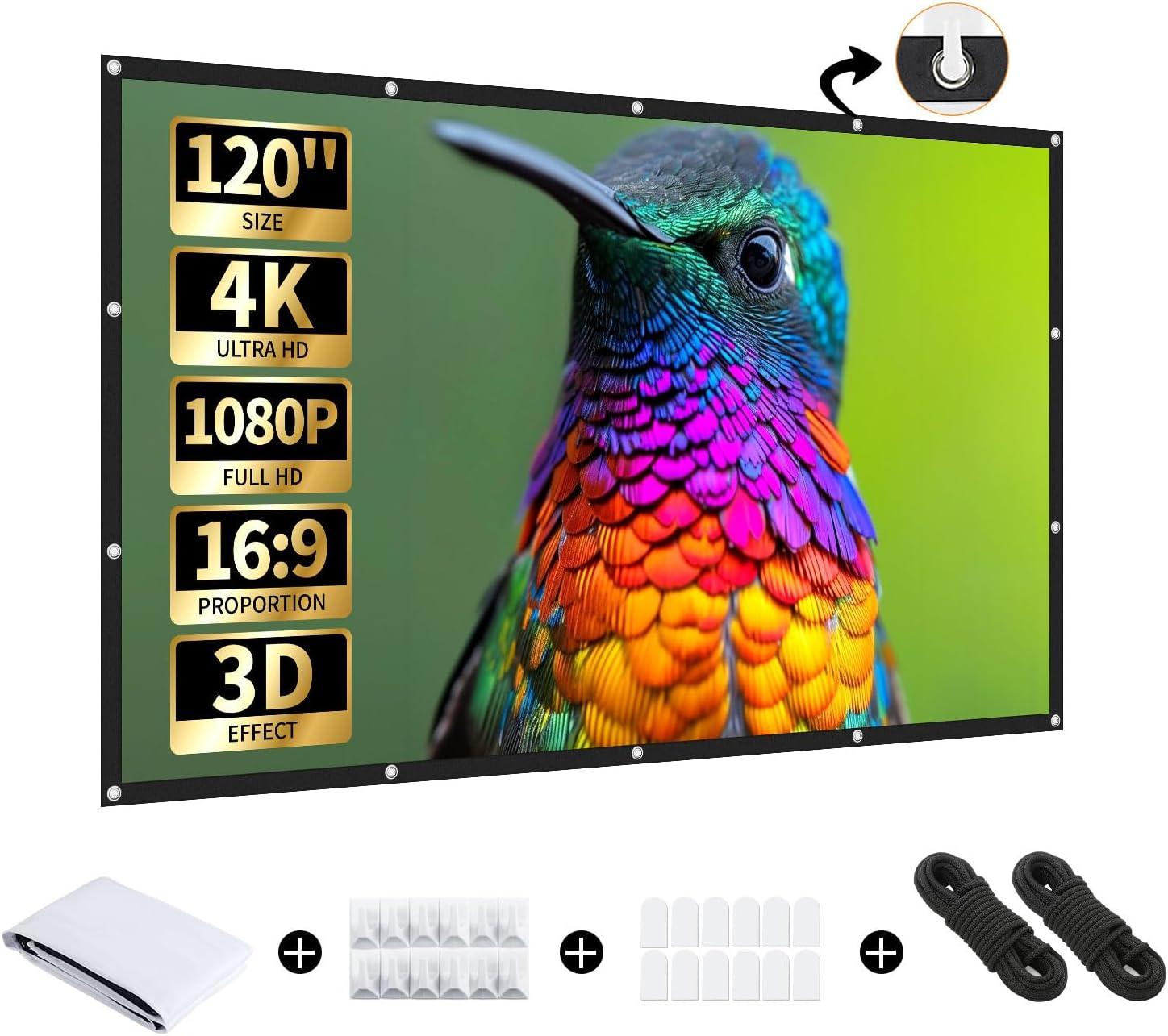 Aurzen 120-inch Portable Projector Screen, 4K HD 16:9, Wrinkle-Free and Foldable for Indoor and Outdoor, Home Theater and Backyard, Double-Sided Projection