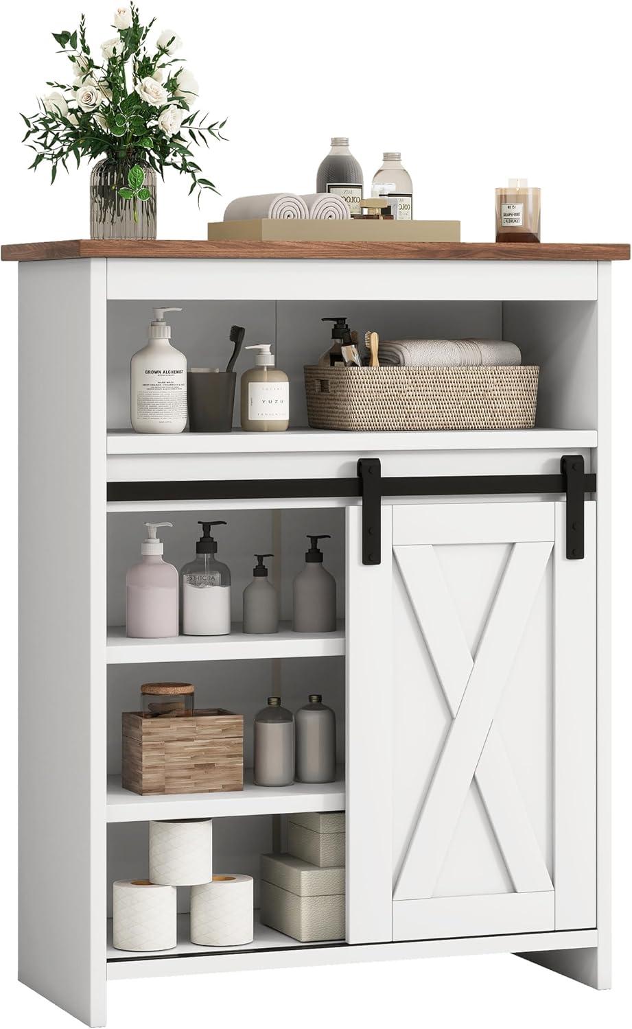 White Farmhouse Bathroom Cabinet with Adjustable Shelves and Sliding Barn Door