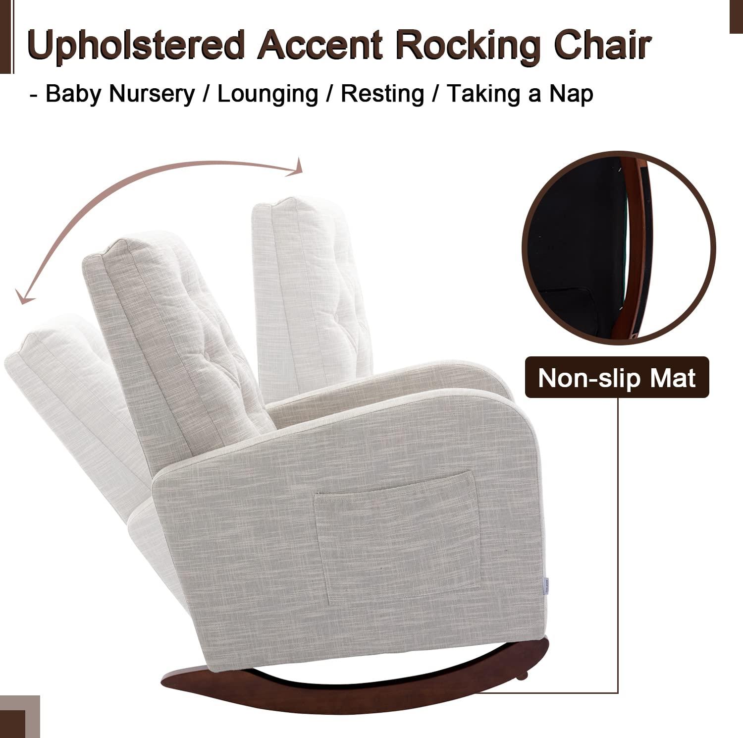 Antetek Modern Accent Rocking Chair, Upholstered Nursery Glider Rocker, Comfy Armchair with Side Pocket, Living Room Lounge Arm Chair, High Backrest with Decorative Buttons, Dark Grey