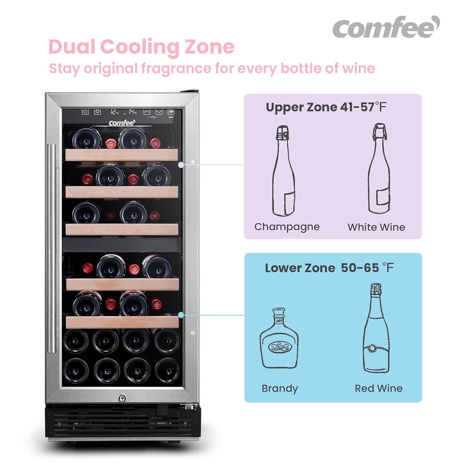 Comfee 28-Bottle Dual Zone Free Standing Beverage and Wine Cooler, Stainless Steel