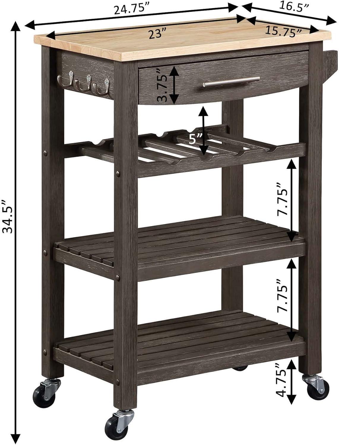 Gray Rubberwood Butcher Block Kitchen Cart with Wine Rack