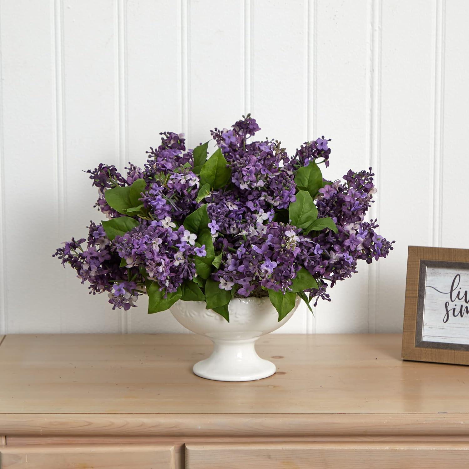 Silk Plant Nearly Natural Lilac Artificial Arrangement in White Vase - Purple