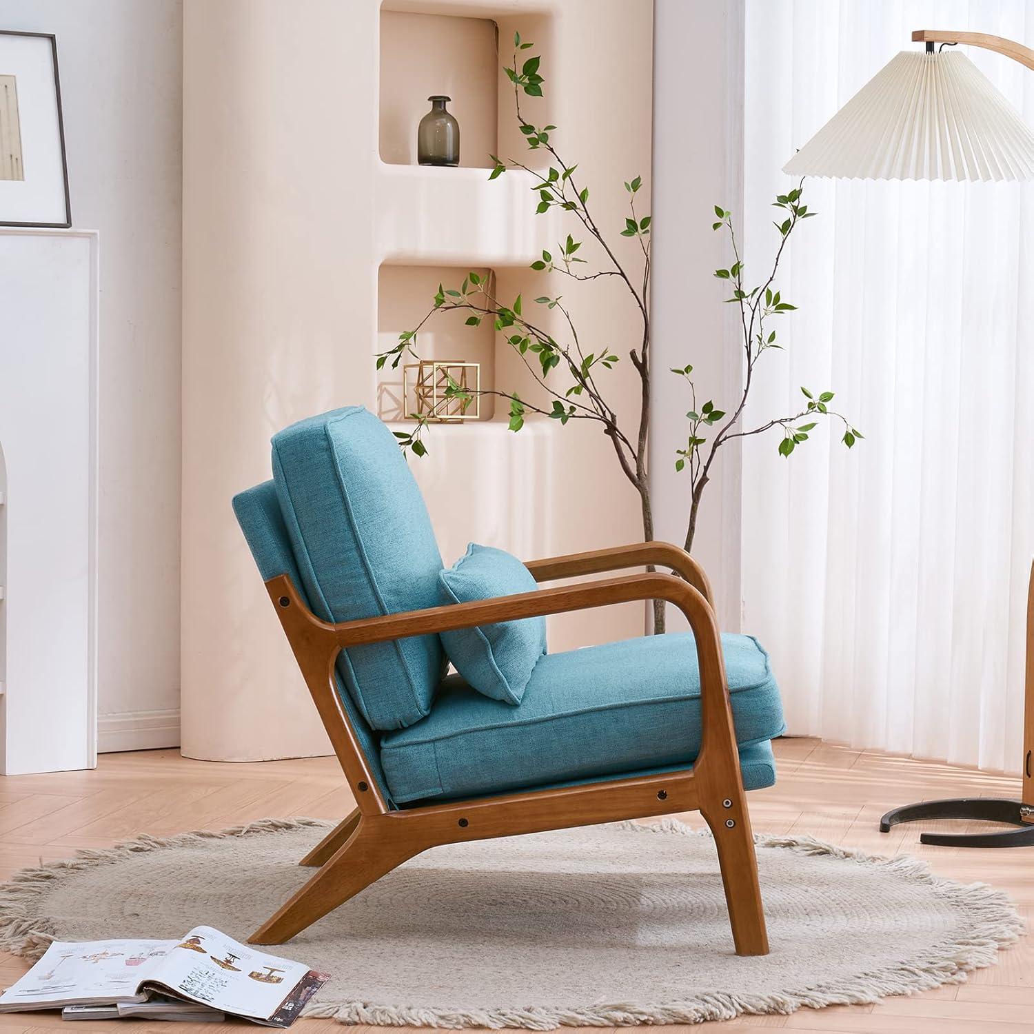 Tcbosik Accent Upholstered Chair with Backrest and Armrest, Wooden Reading Armchair with Pillow for Living Room Studio Office Couch, Teal