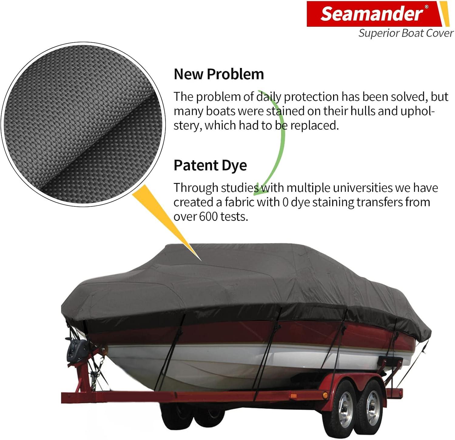 Seamander Solution Dye 600 Denier Heavy duty Waterproof Boat Cover, Fits boats 14'-16'L x 90"W, V-Hull Fishing Ski Boat Pro Bass Inboard Outboard Trailerable Boat Covers , Dark Gray