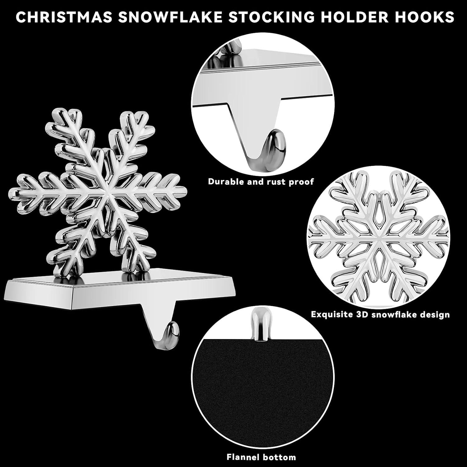 Pack of 4 Christmas Stocking Holders Snowflake Stocking Hangers Mantel Stocking Hooks for Christmas Decoration, White