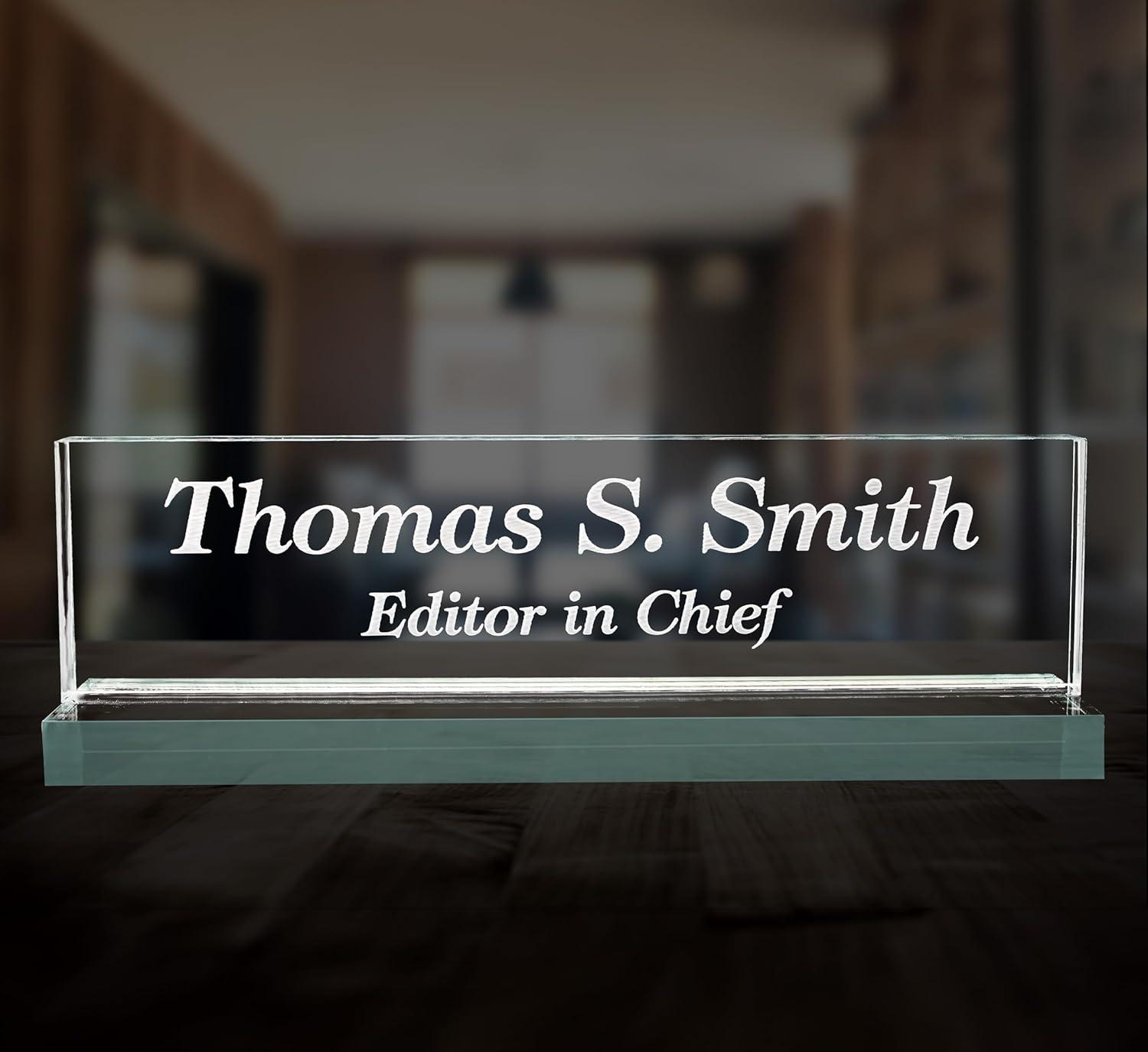 Lasercrafting Office Desk Name Plate Personalized Crystal Clear Glass-Like Acrylic Customized with Laser Engraved Frosted White Text