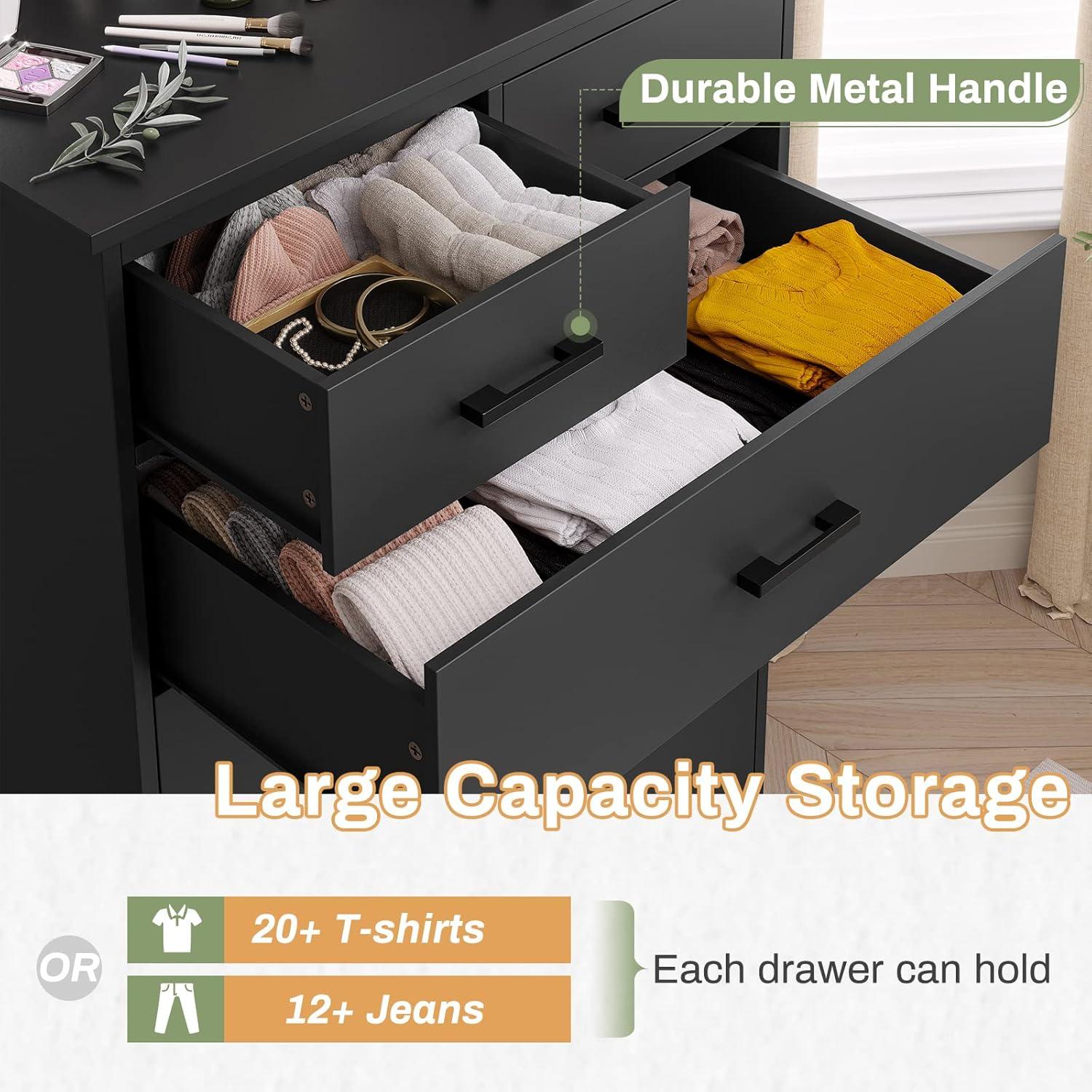 Black Dresser for Bedroom, 6 Drawers Dresser Wood Storage Tower Clothes Organizer, Chest of 6 Drawers, Large Capacity Storage Cabinet, Tall Dresser for Bedroom, Hallway, Entryway