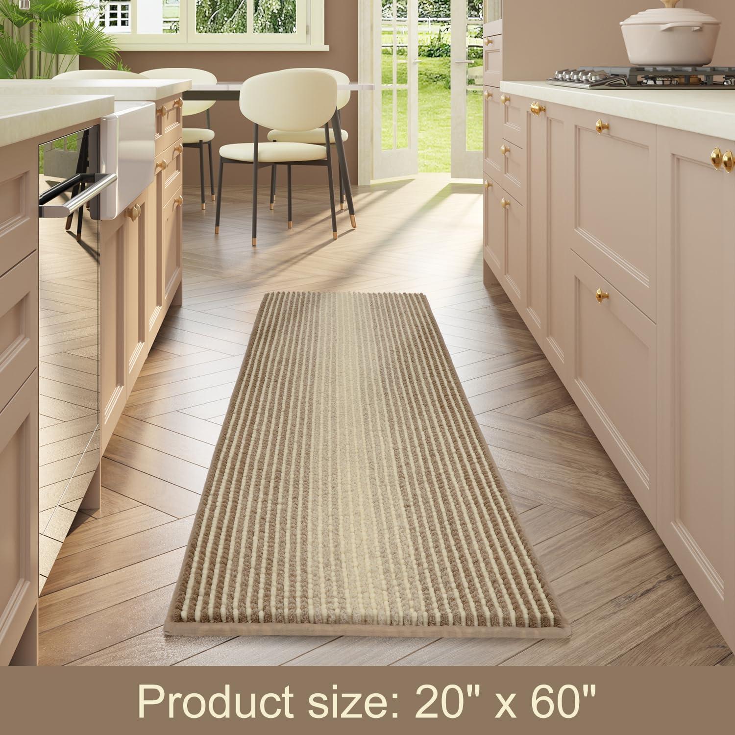 BSICPRO Luxury Bath Mat - 22"x60" Non-Slip Chenille Chenille Water Absorbent Machine Washable (Light Taupe and Cream)
