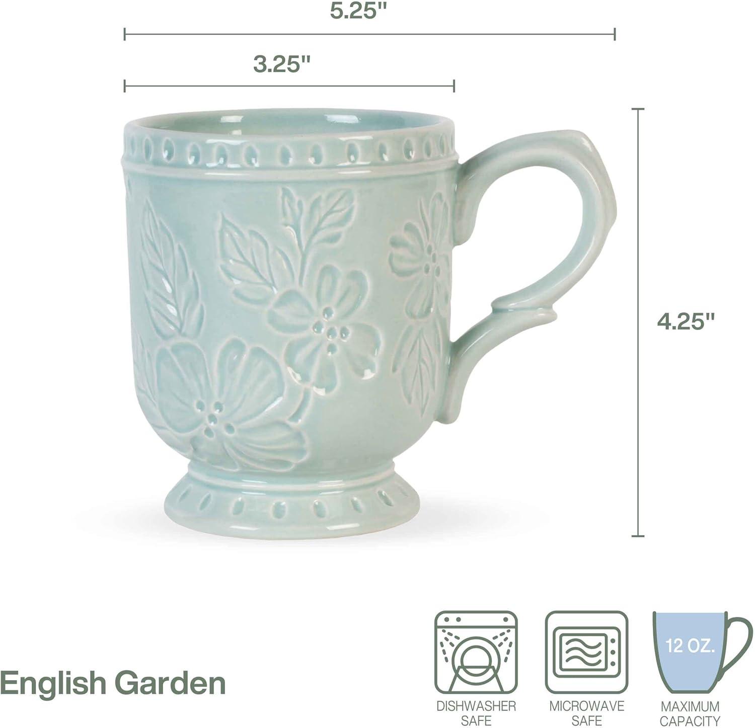 Blue Ceramic Floral Etched 12 Oz Mug Set of Four