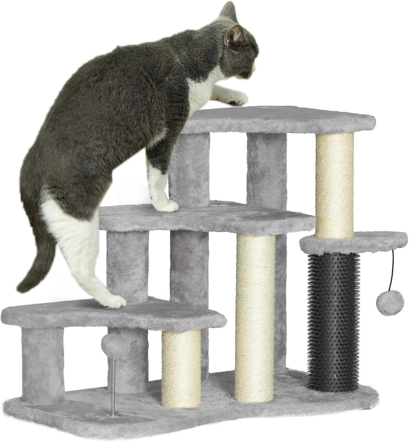 PawHut 20" Cat Tree, 2 in 1 Cat Tower 3-Step Pet Stairs with Scratching Posts, Tickling Post, Toy Balls, for High Beds, Couch, Sofa, Light Gray