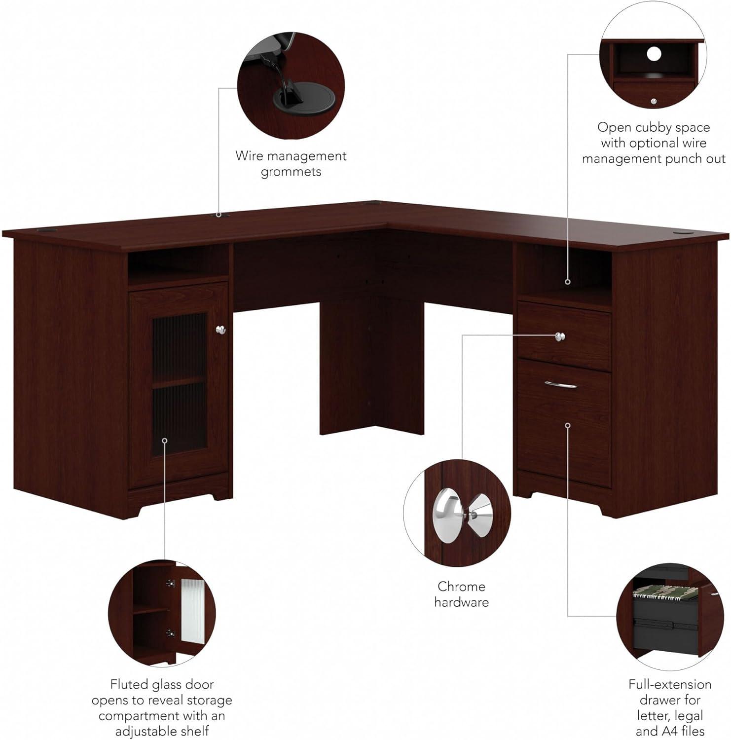 Bush Furniture Cabot 60" L Desk and Hutch with Storage, Harvest Cherry