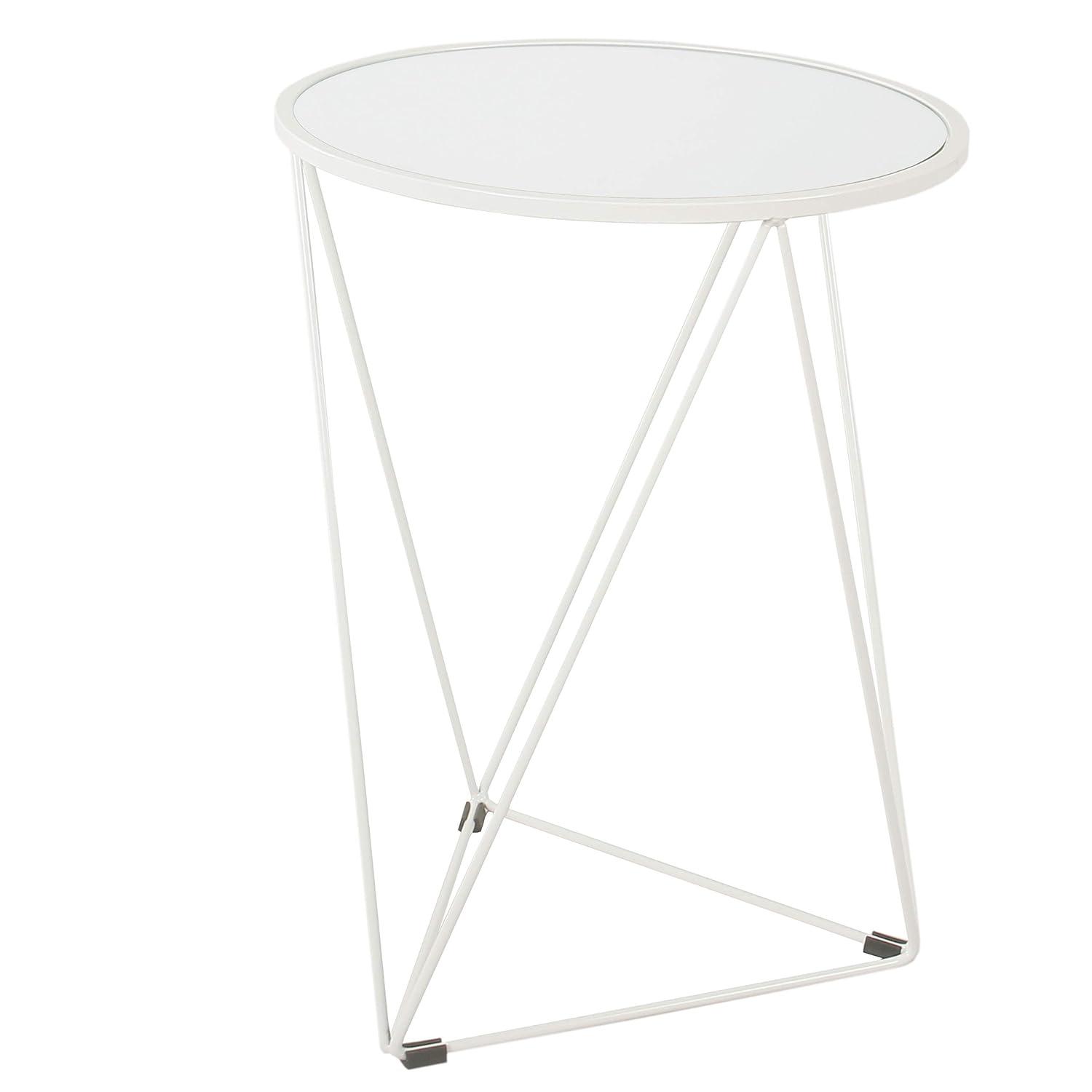 HomePop Metal Accent Table Triangle White Base, Round Mirror Top