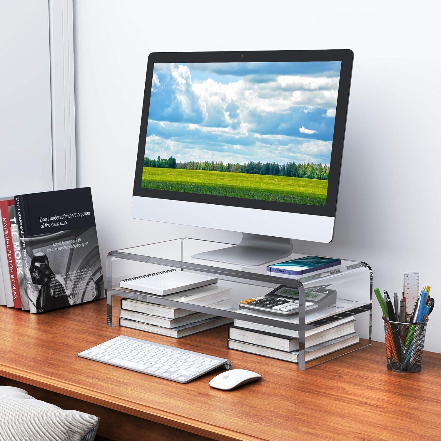 Clear Acrylic 2-Tier Monitor Stand with Keyboard Storage