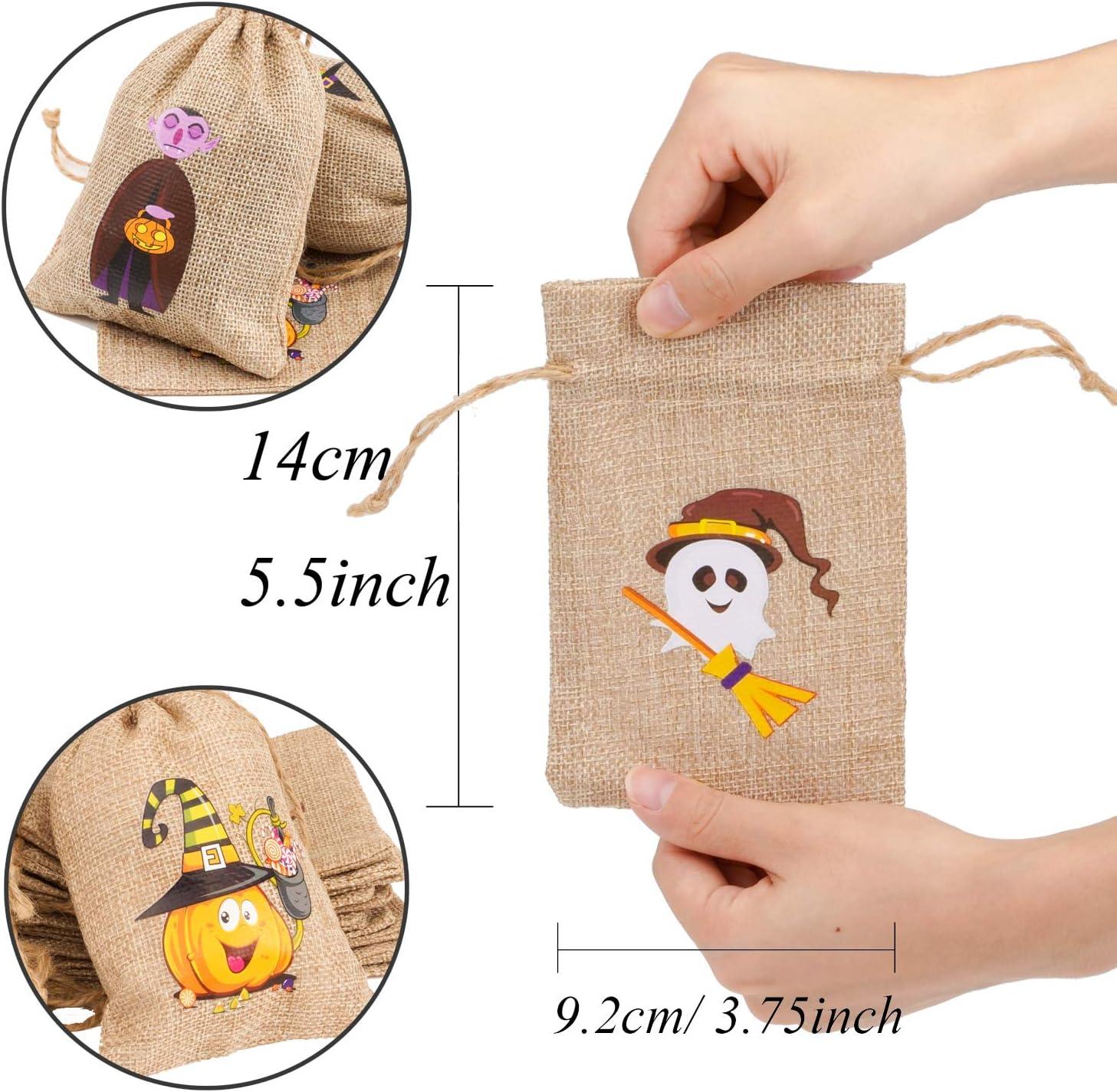 COEN 48 Halloween burlap gift bags with drawstrings, perfect for kids' Halloween party favors and treats.