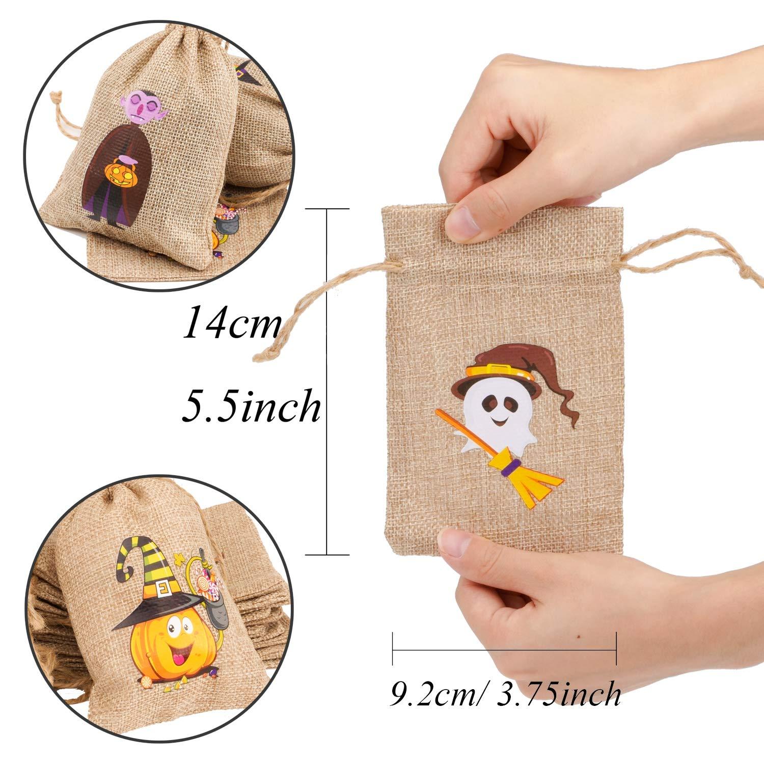 COEN 48 Halloween burlap gift bags with drawstrings, perfect for kids' Halloween party favors and treats.