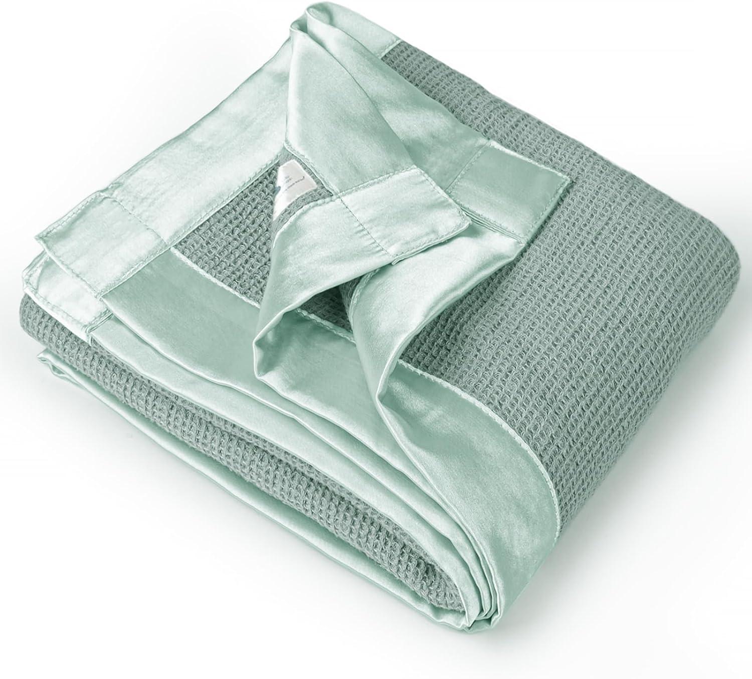 Lulu moon Swaddle Baby Blanket: Waffle Blanket with Satin Trim - Soft Breathable Toddler Blanket Perfect for Nursing Cover and Playtime - Cotton Crib Blanket for Daytime Naps 40"x36"(Sage)