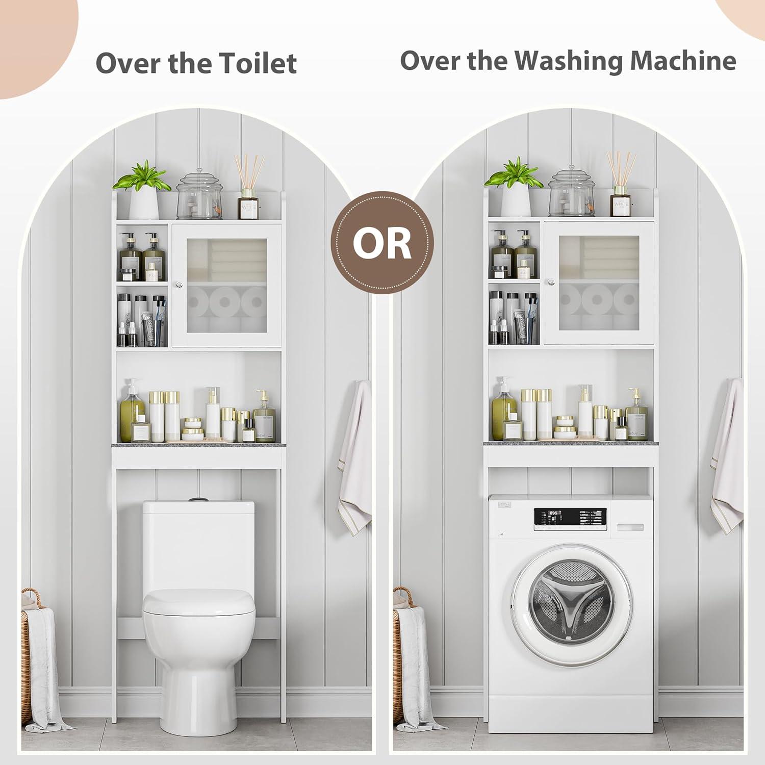 Aiho 66.1" over the Toilet Storage Cabinet with Adjustable Shelf and Open Storage Shelf, Freestanding - White