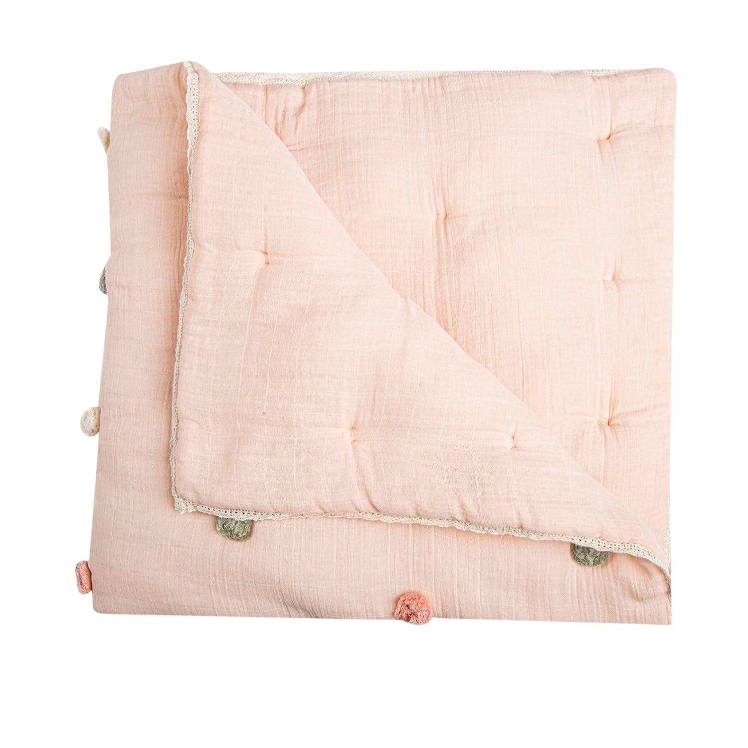 Parker Rose Light Pink Cotton Muslin Baby Blanket with Pom Poms