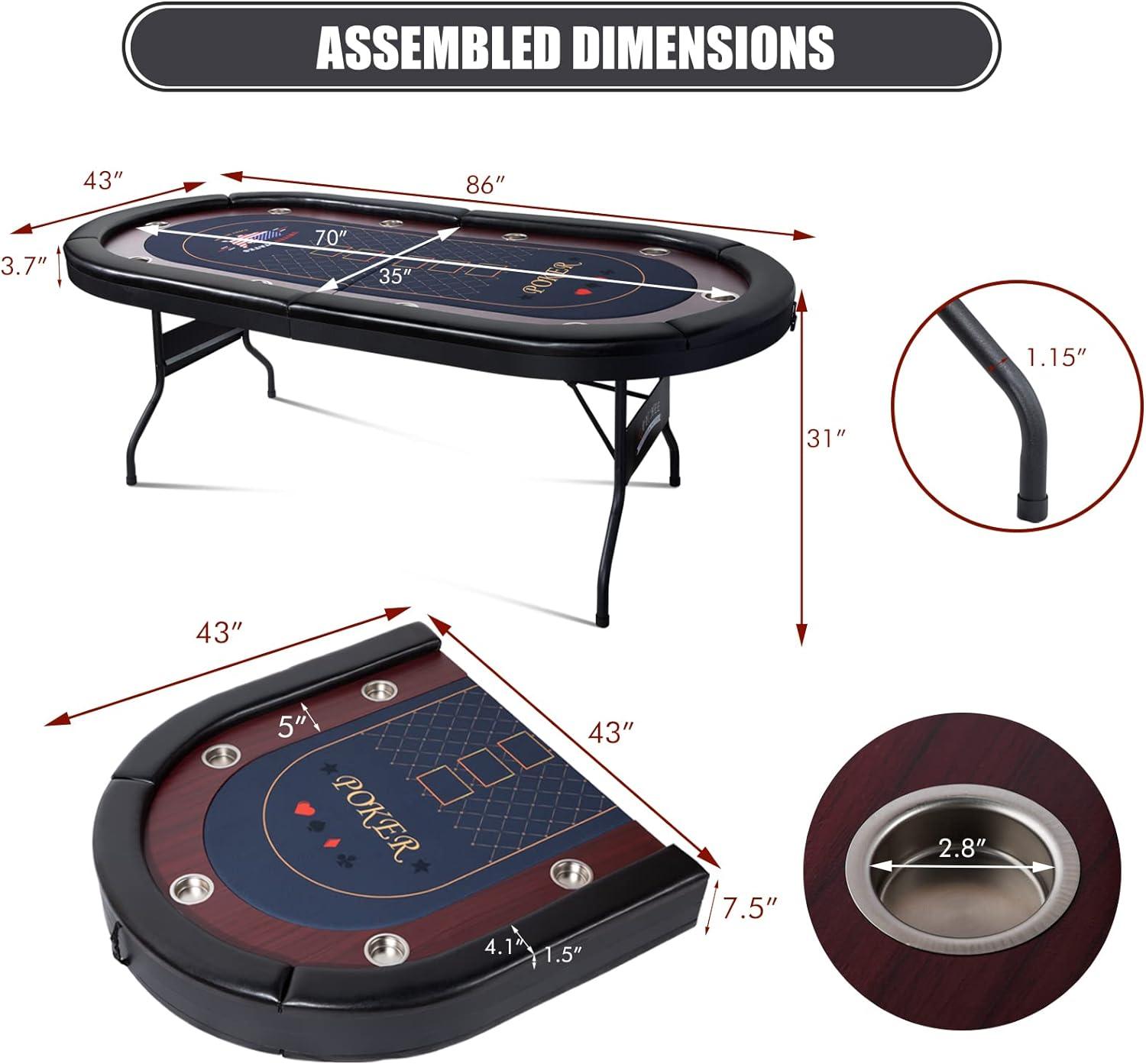 RayChee 86" Folding 10 Player Poker Table, Foldable Texas Holdem Table for Game Room with Padded Rails and Cup Holders, No Assembly Required