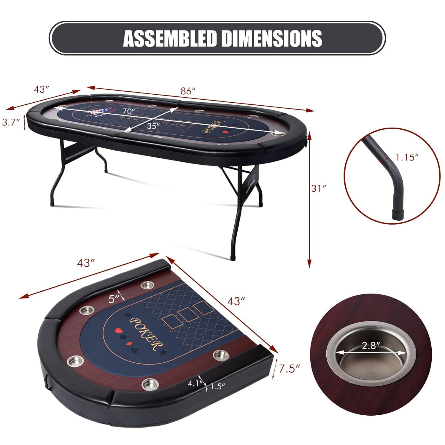 RayChee 86" Folding 10 Player Poker Table, Foldable Texas Holdem Table for Game Room with Padded Rails and Cup Holders, No Assembly Required