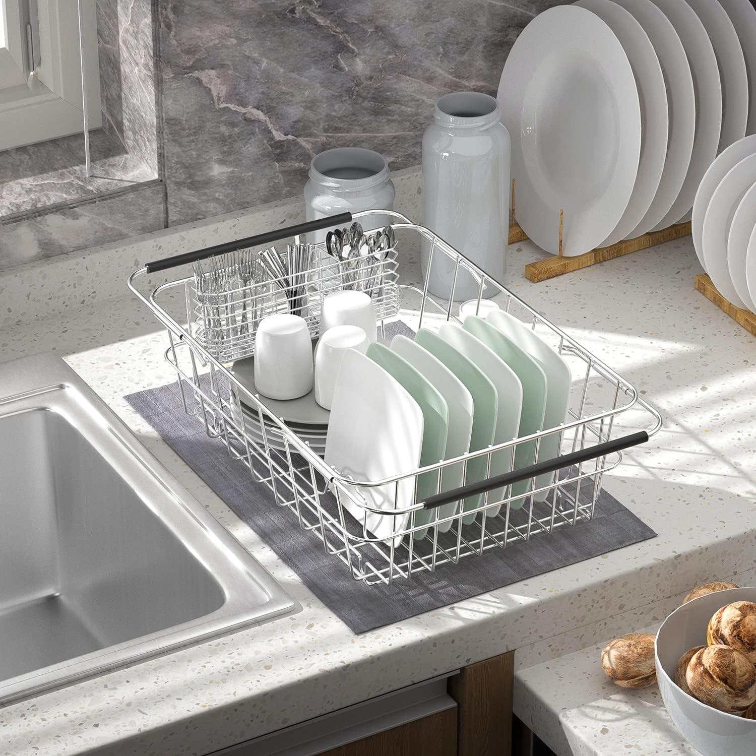 Dish Drainer in Sink Adjustable 14.96" to 20.59", Expandable 304 Stainless Steel Metal Dish Drying Rack Organizer with Stainless Steel Utensil Holder Over Inside Sink Counter