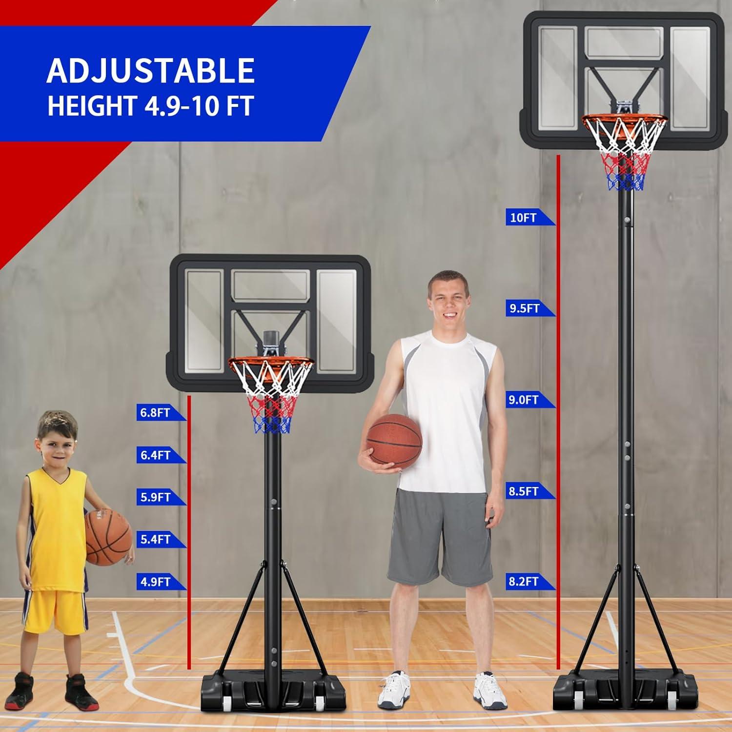 Portable Basketball Hoop,5.5-10FT Height Adjustable Outdoor Basketball Hoop Goal with 44 Inch Impact Backboard and Portable Wheels for Youth Adults Play in Backyard/Courts/Indoor