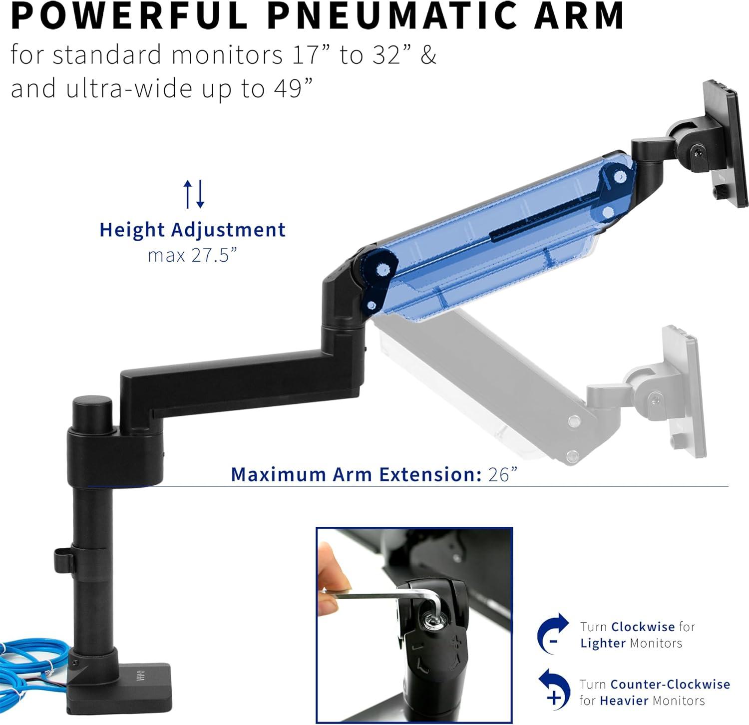 Pneumatic Arm Single Monitor Desk Mount with USB