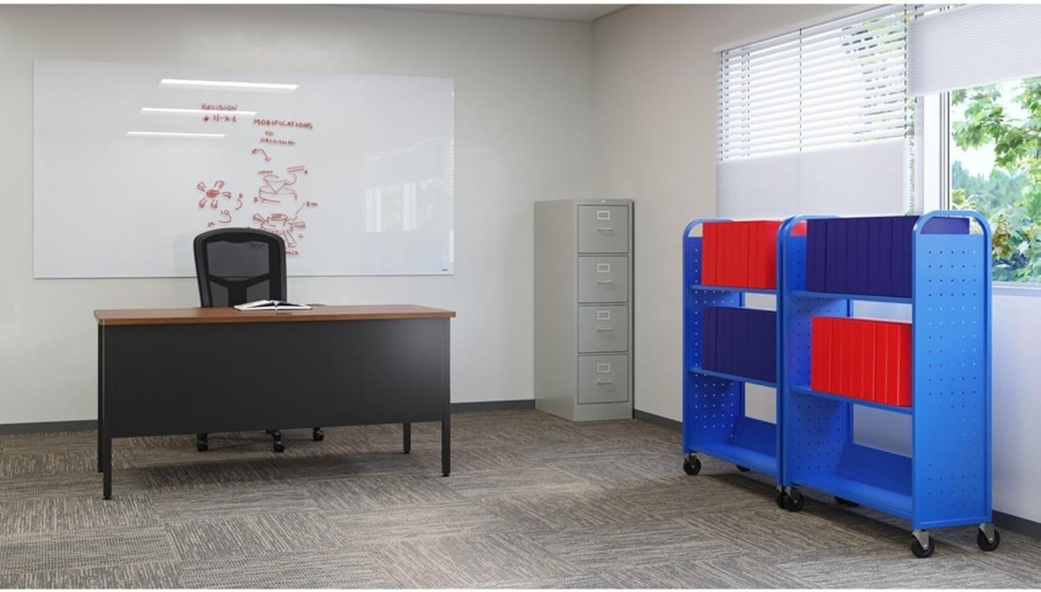 Blue Single-Sided Steel Book Cart with Three Shelves