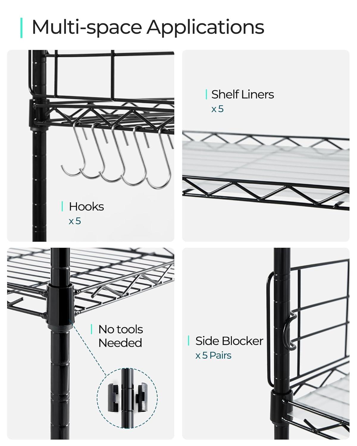 LINSY HOME Pantry Storage Shelves, 5-Tier Adjustable Heavy Duty Metal Storage Shelf, 59" Tall Standing Shelf, Upgrade Steel Wire Rack Organizer for Kitchen, Bathroom, Garage, Living Room, Black