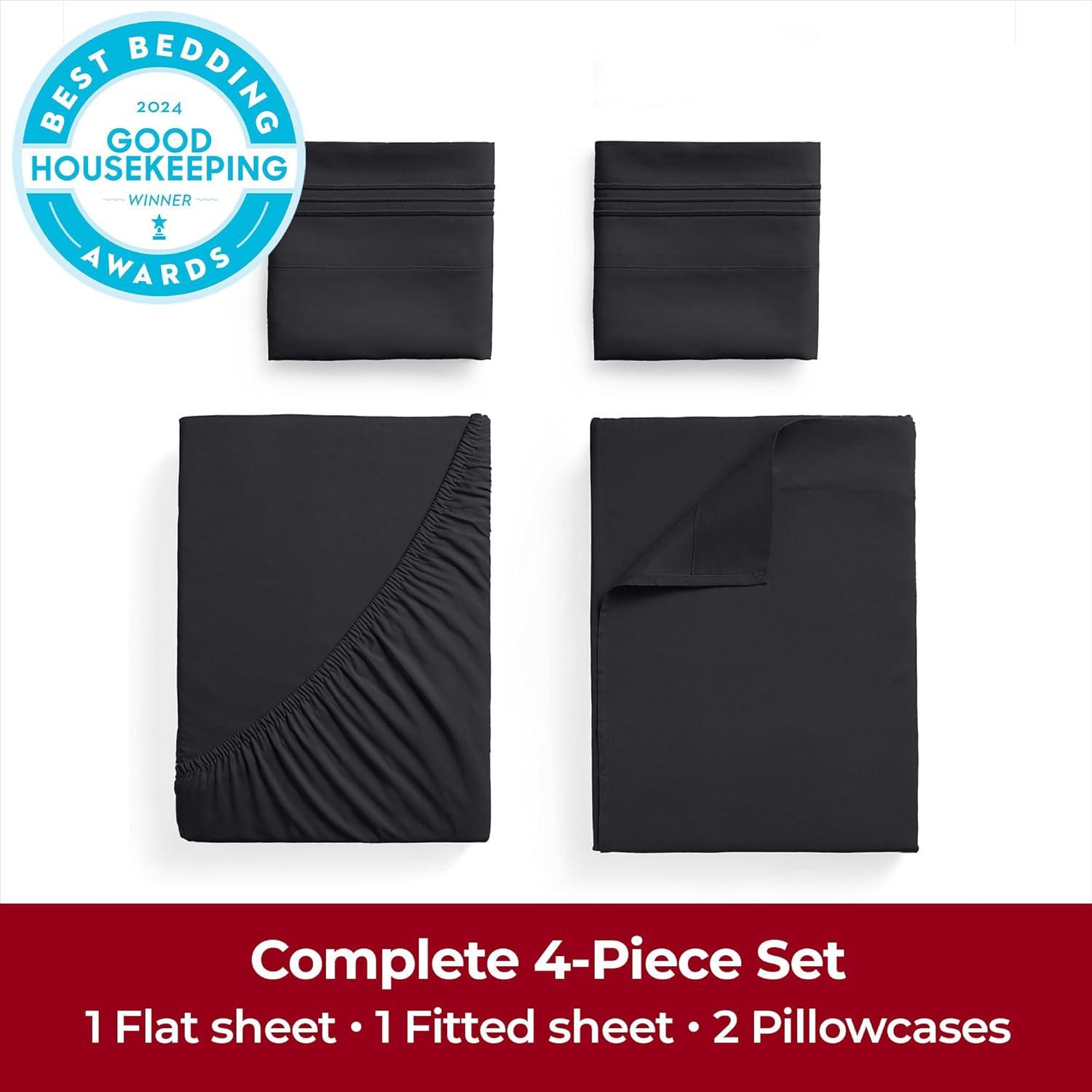 Mellanni Iconic Sheet Set Brushed Microfiber, Extra Deep Pocket, 4 Piece Queen, Black