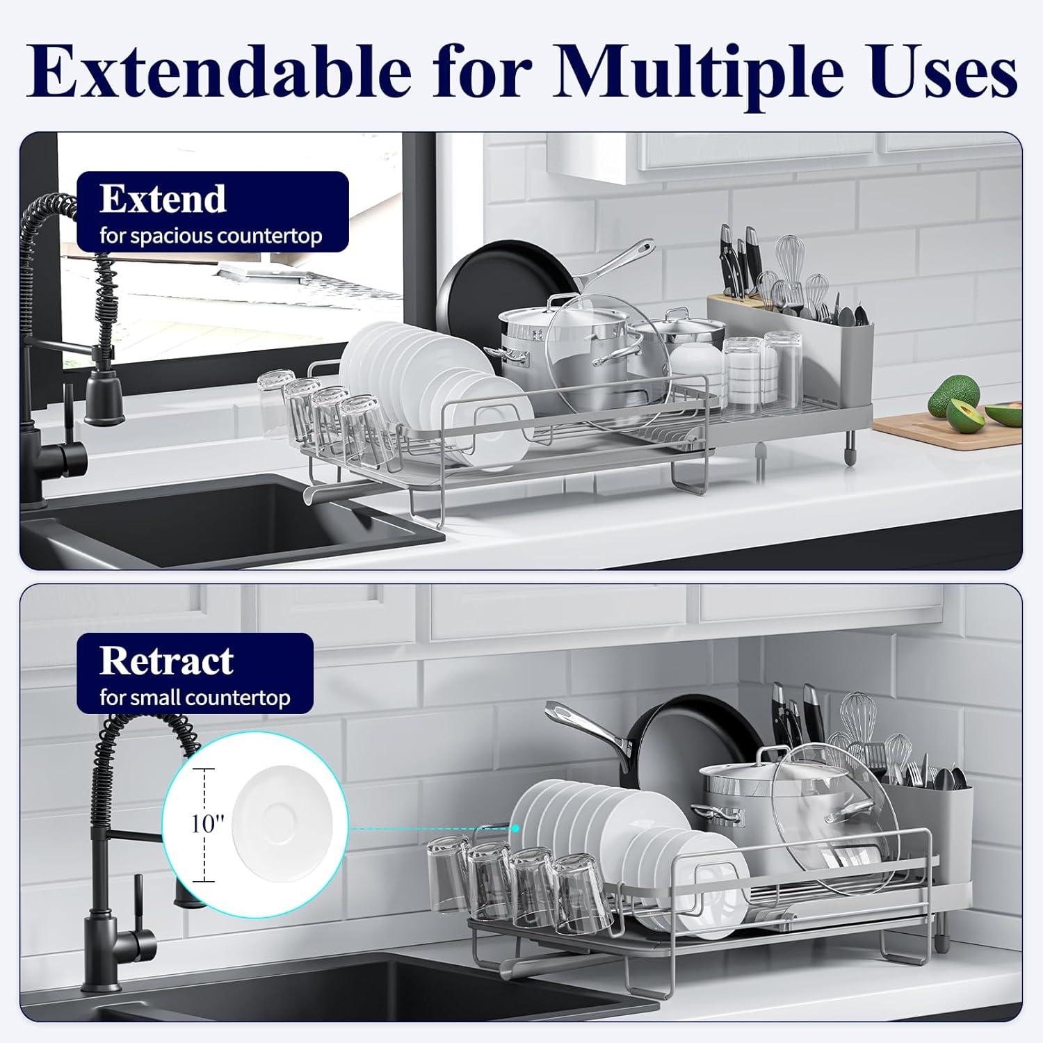 Kitsure Large Dish Drying Rack - Extendable Dish Rack, Multifunctional Dish Rack for Kitchen Counter, Anti-Rust Dish Drainers with Cutlery & Cup Holders 19.2"-26.7" L x 12.9" W, Grey