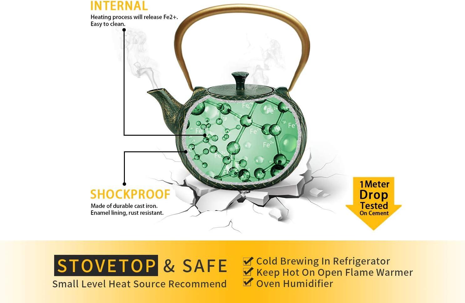 Lark Manor™ Tea Kettle,Cast Iron Tea Kettle For Stove Top, Stovetop Safe Teapot With Infusers For Loose Tea, 34 Ounce (1000 Ml), Dark Green Melody