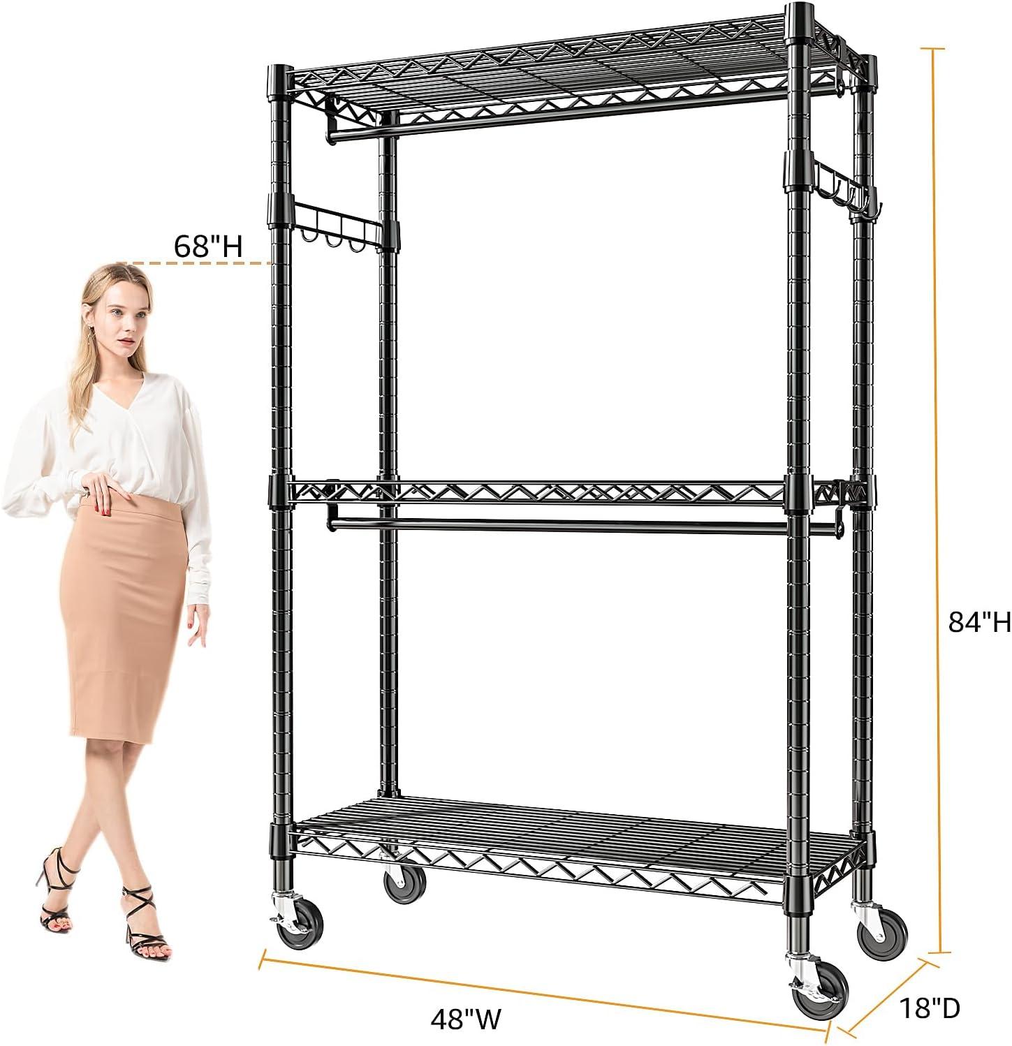 Heavy Duty Clothes Rack Rolling Garment Rack,3 Tier Adjustable Wire Shelving Clothing Racks for Hanging Clothes with Double Rods&Side Hooks,Freestanding Wardrobe Storage Rack Metal Portable Closet