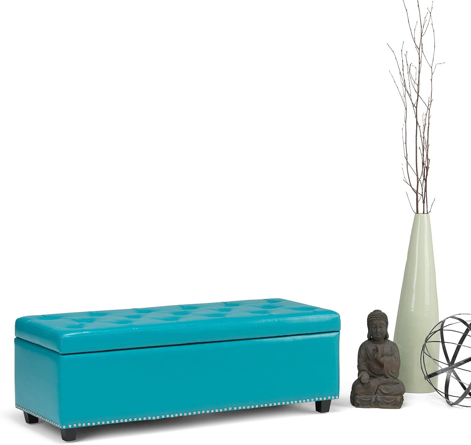 Mediterranean Blue Tufted Bonded Leather Large Storage Ottoman