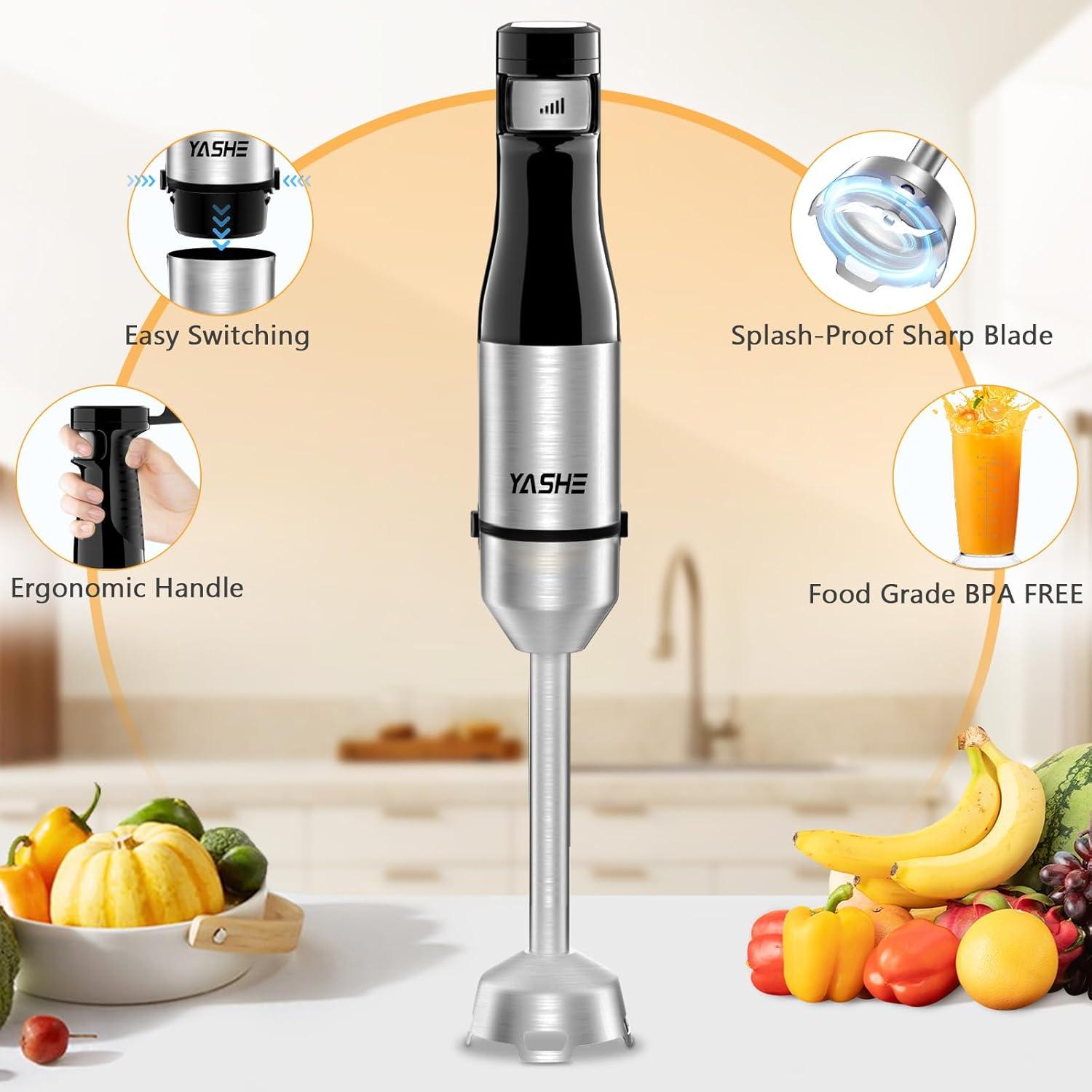 YASHE Immersion Hand Blender,5-in-1 Multi-Function Handheld Stick Blender with Chopper, 600ml Mixing Cup, Continuously Variable Speed Mixer Milk Frother for Baby Food/Smoothies/Puree