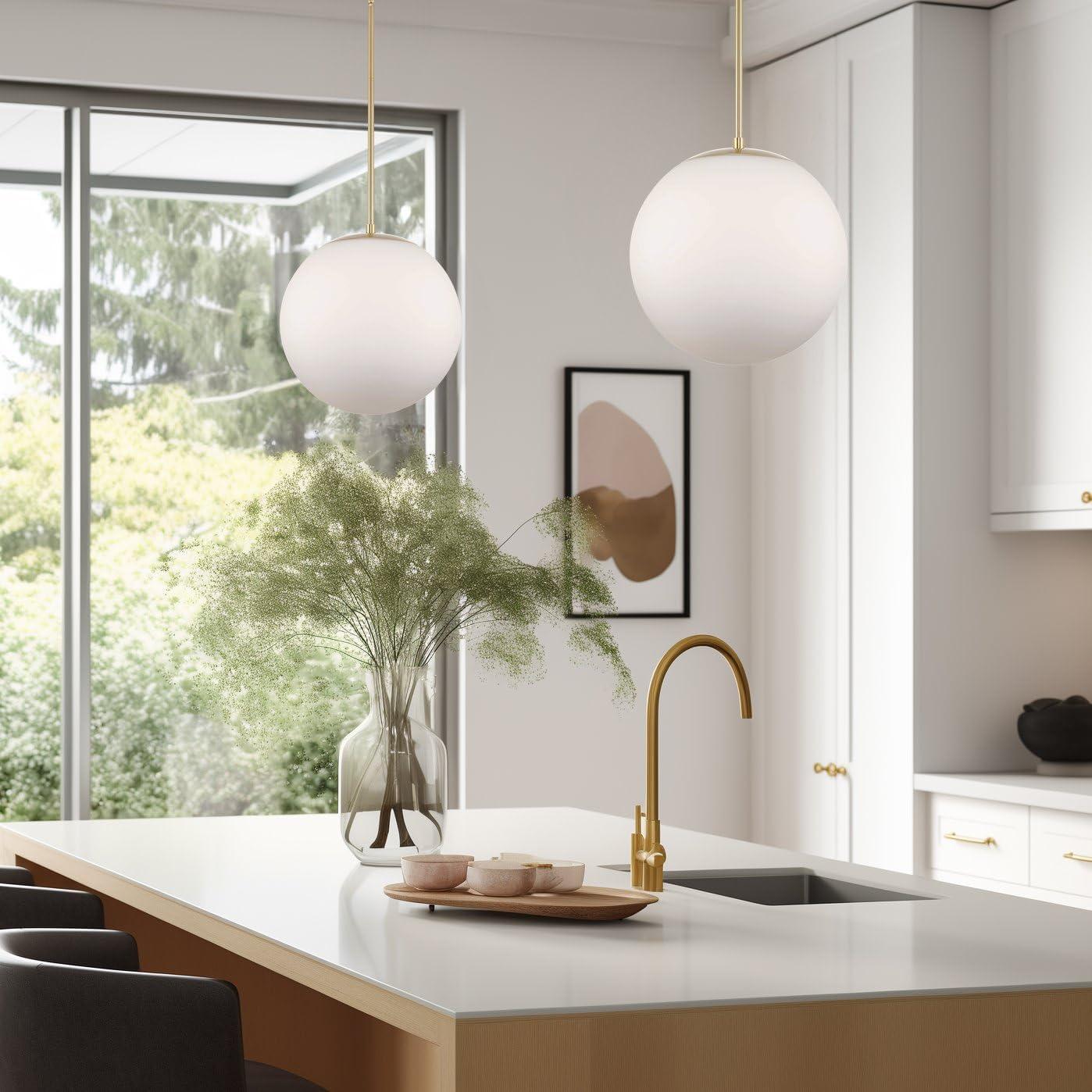 Kira Home Ceres 14" Mid-Century Modern Hanging Orb Pendant Light with Smooth Matte White Frosted Diffuser, Cool Brass