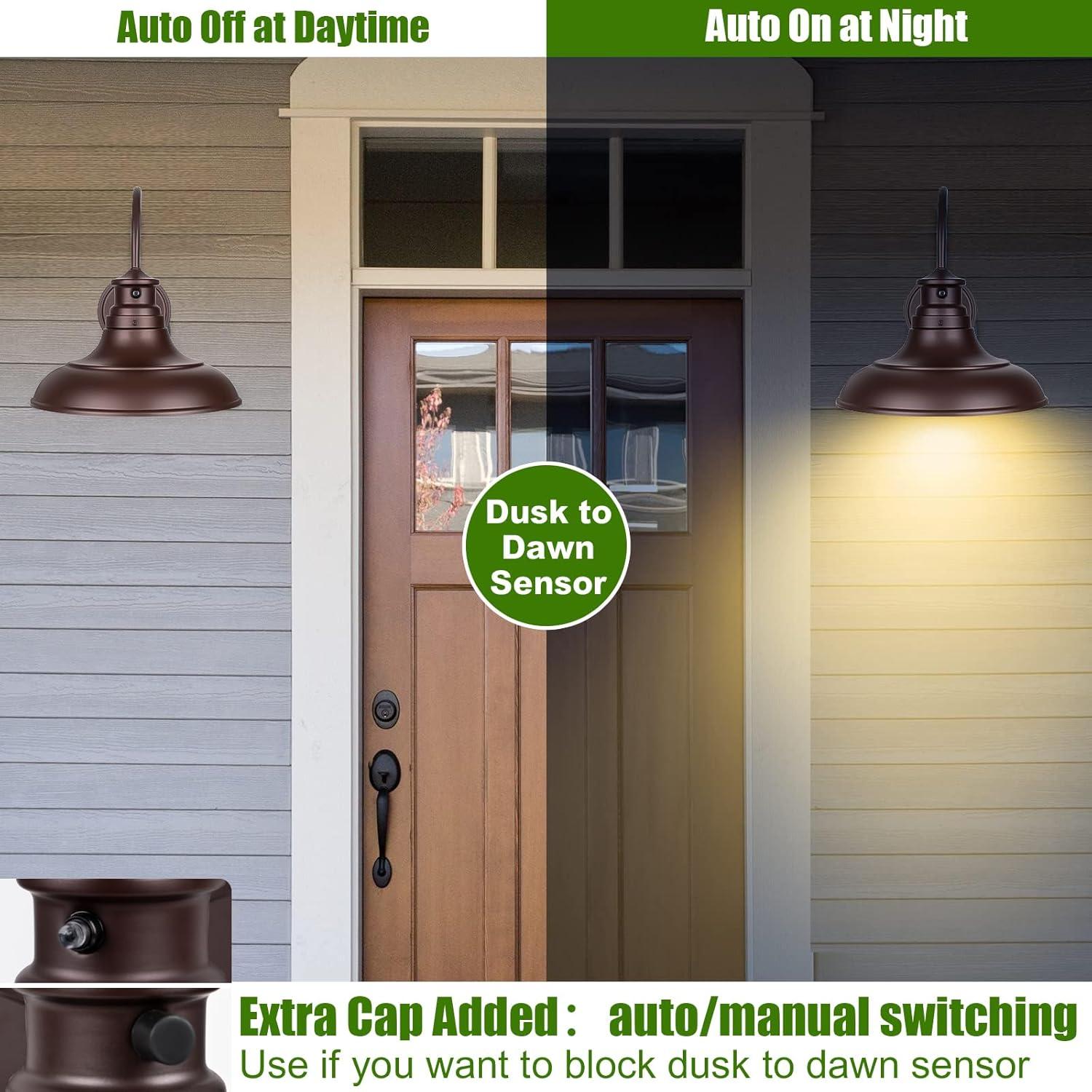 VIANIS Dusk to Dawn Barn Lights, 2 Pack Brown Gooseneck Outdoor Light Fixture, Farmhouse Outdoor Wall Lights for House, Porch, Entryway, Garage